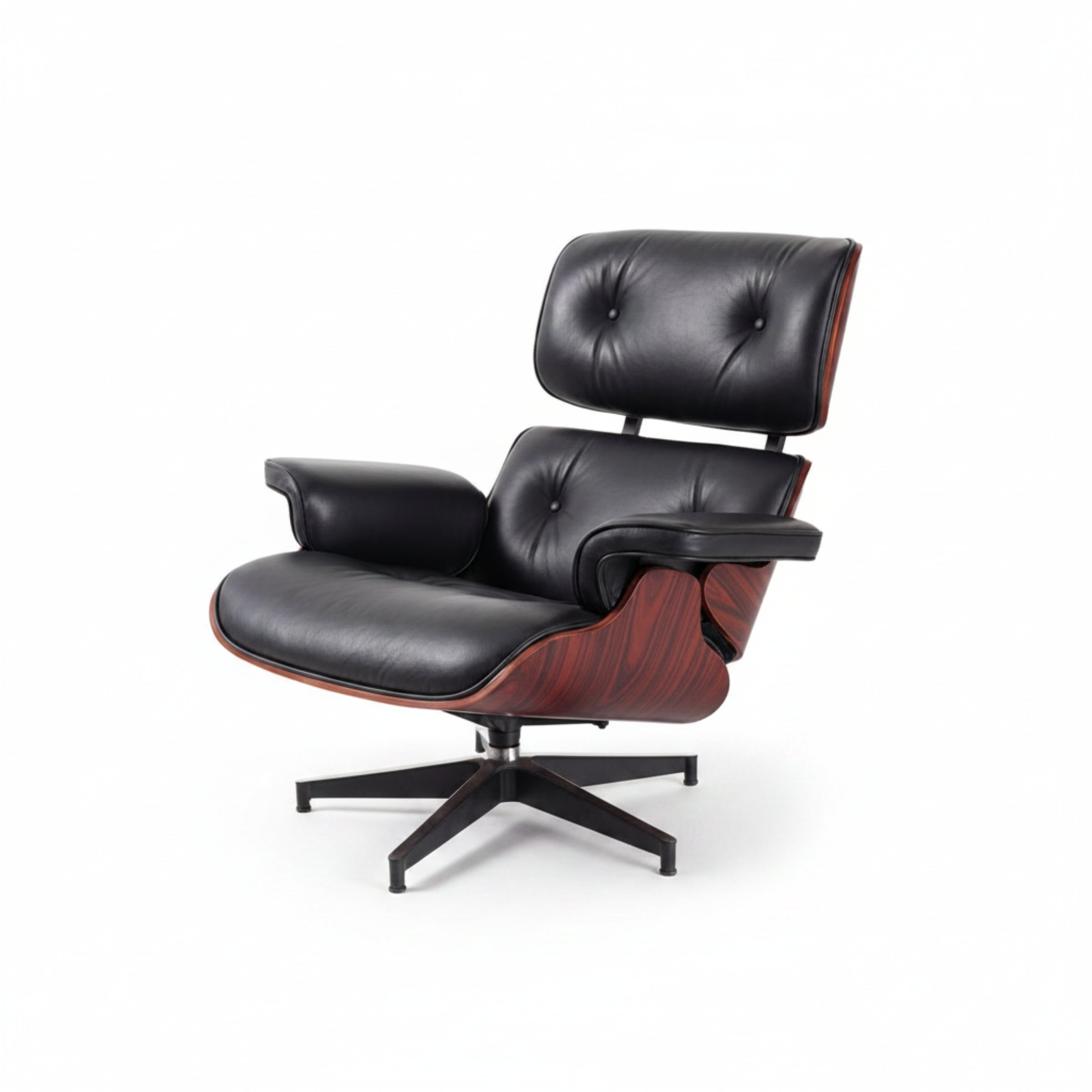 A classic Eames-style lounge chair with black leather upholstery, a reddish-brown wood veneer shell