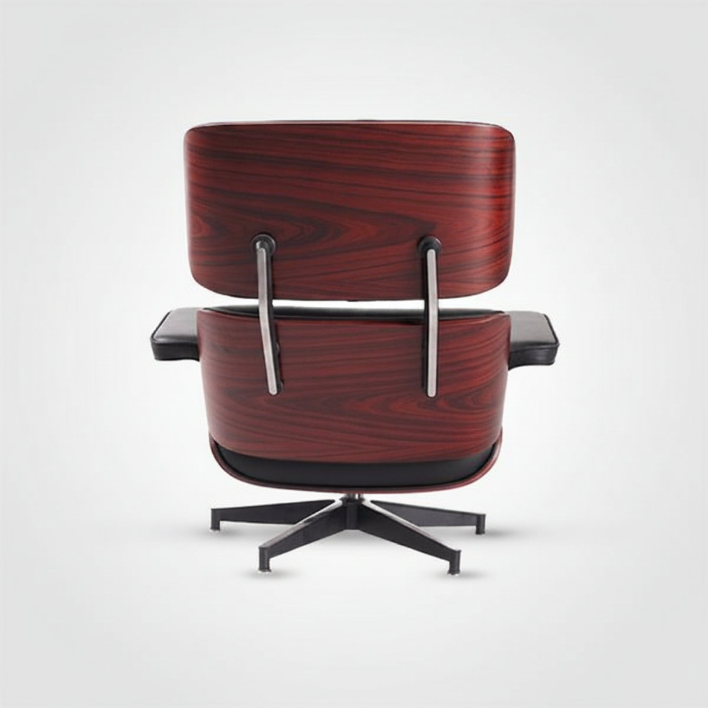 A modern lounge chair with a dark reddish-brown wood grain finish and black armrests and base, shown from the back on a light gray background.