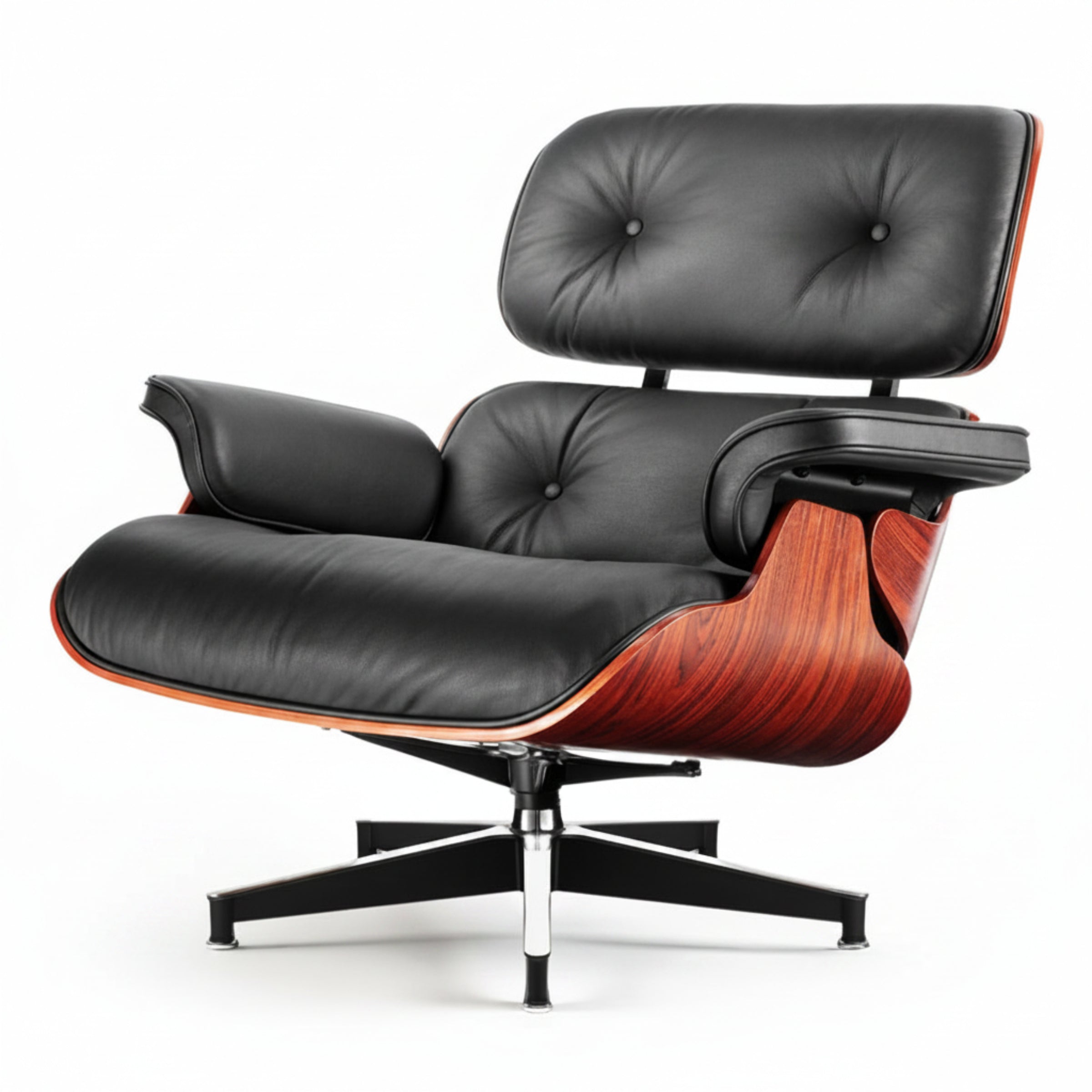 A classic Eames-style lounge chair with black leather upholstery, a curved reddish-brown wood shell