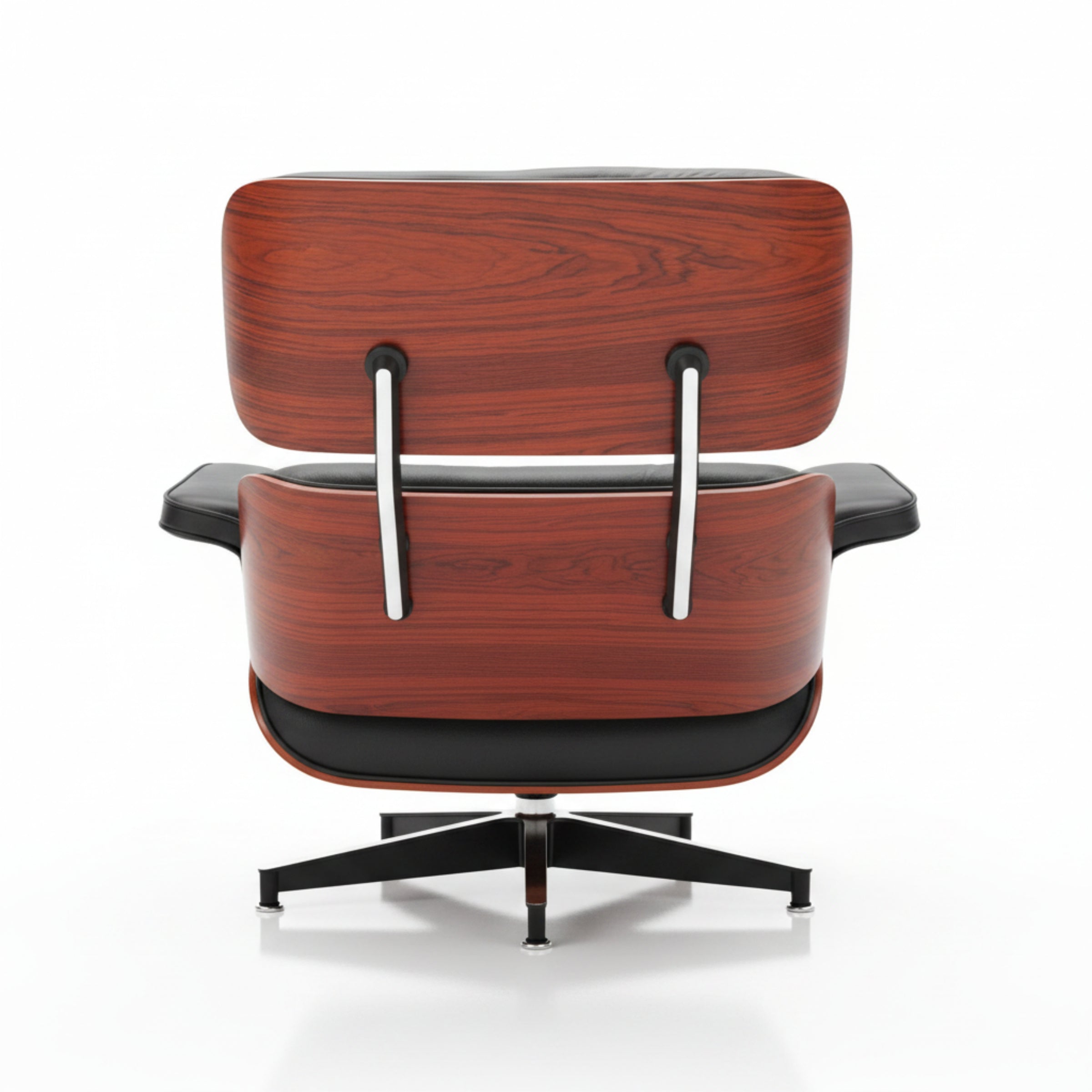 A modern lounge chair with a reddish-brown wood grain shell, black leather cushions