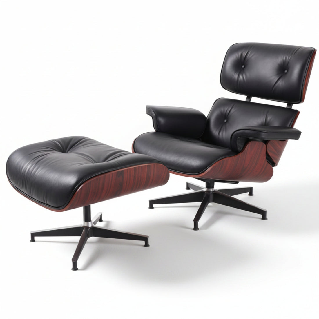 A classic Eames-style lounge chair with matching ottoman in black leather