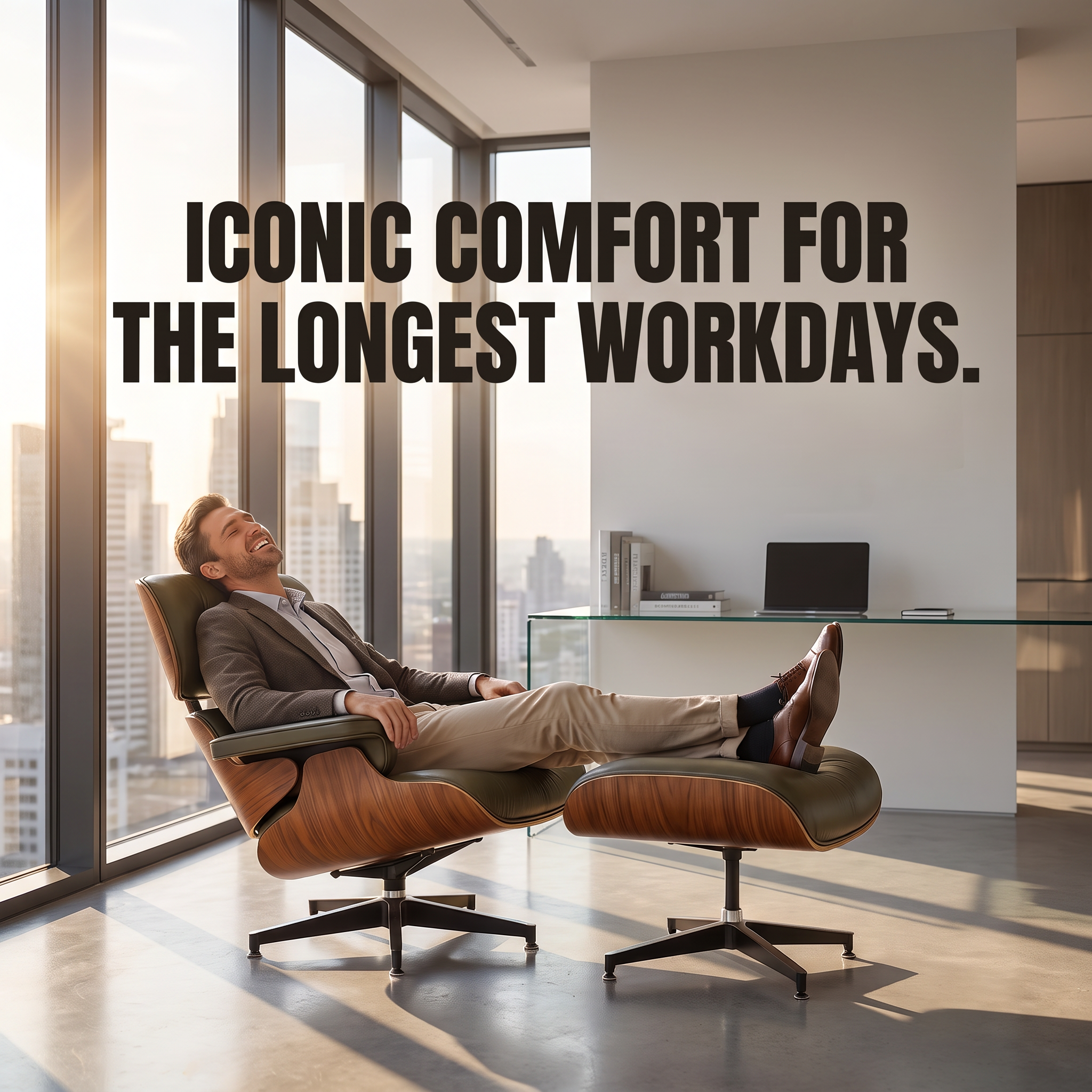 A man reclines comfortably in a modern wood-and-leather lounge chair with an attached ottoman in a bright office setting with large windows