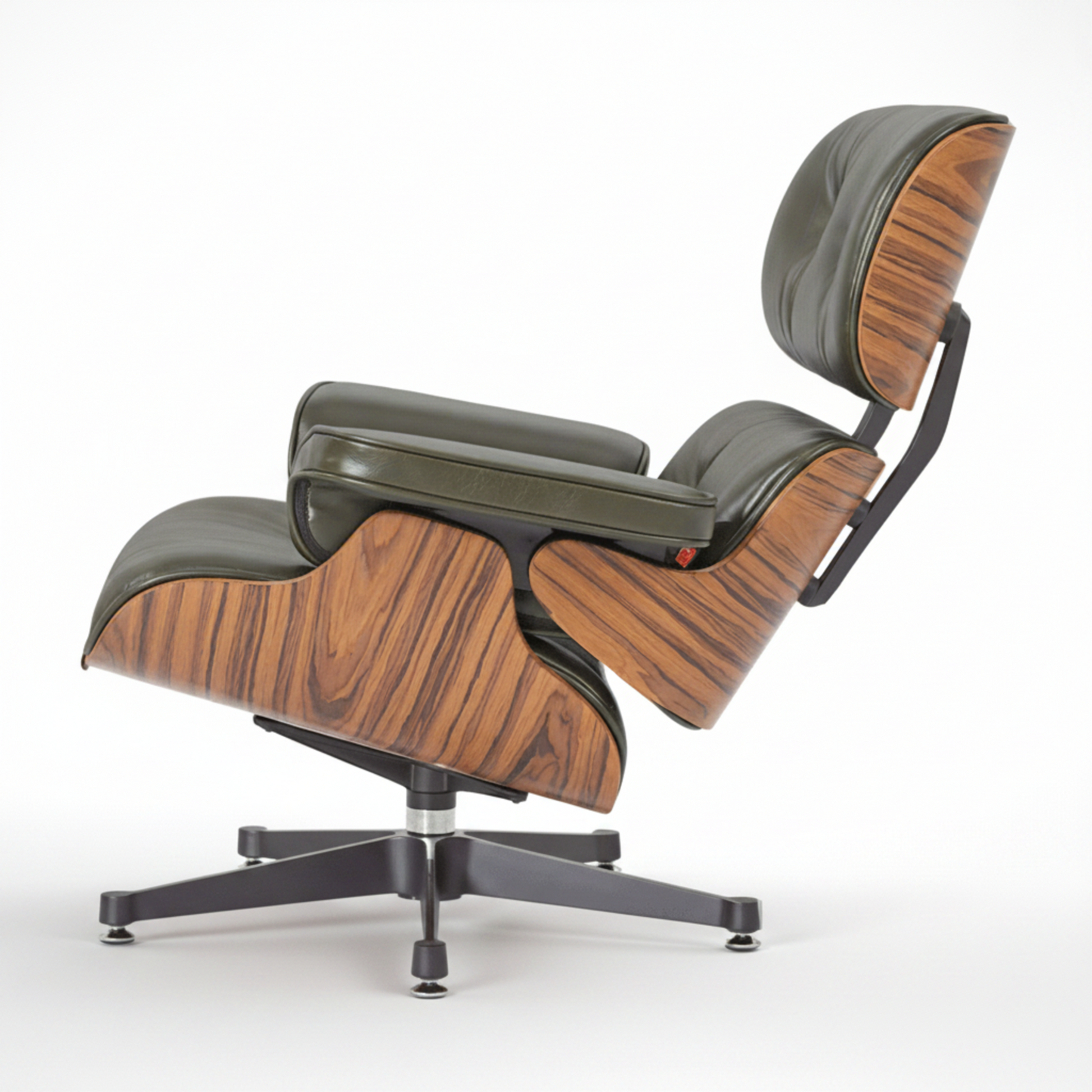 A modern lounge chair with dark gray leather upholstery and a rich brown wood grain shell, shown on a light wood floor against a neutral gray wall.
