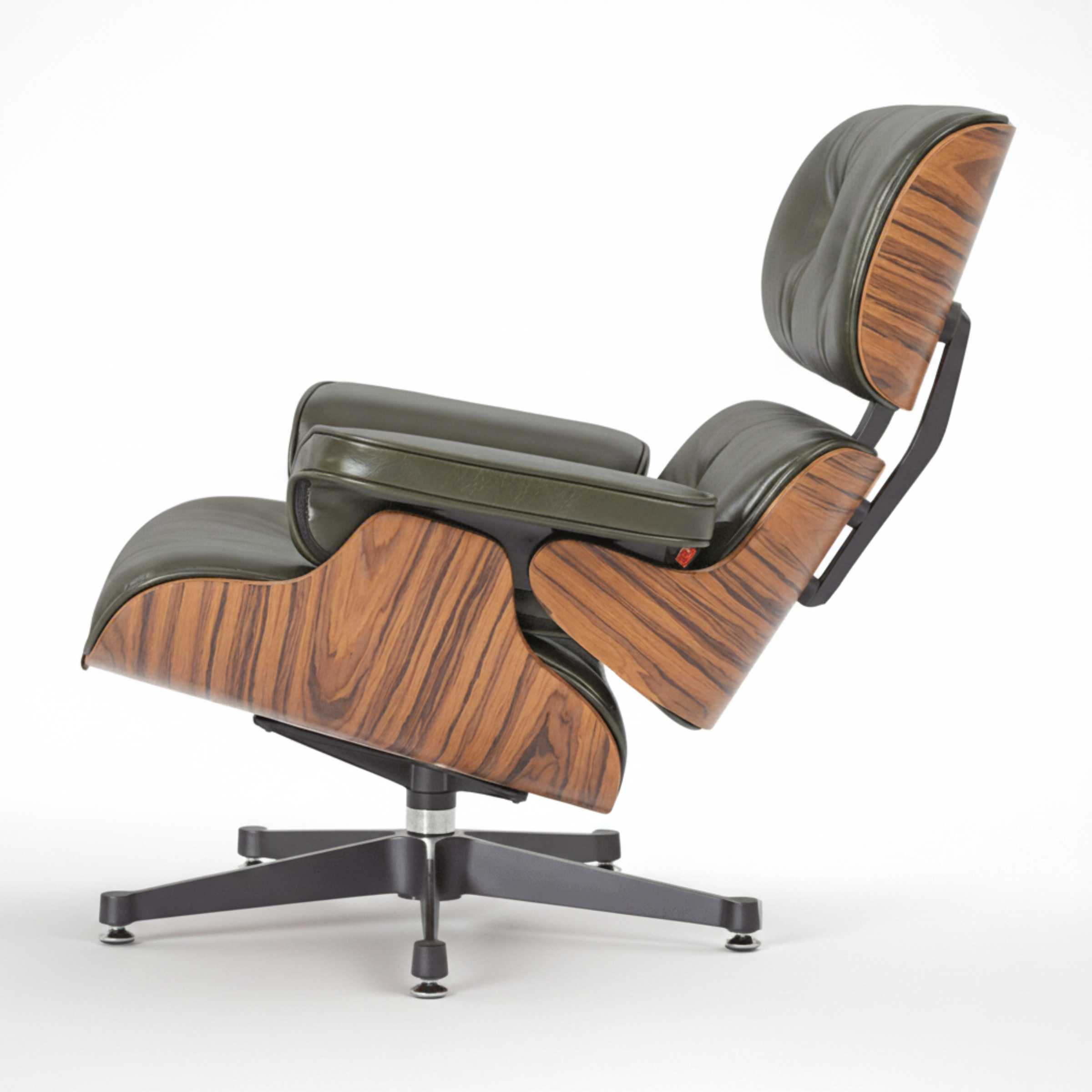 A modern lounge chair with dark gray leather upholstery and a rich brown wood grain shell, shown on a light wood floor against a neutral gray wall.