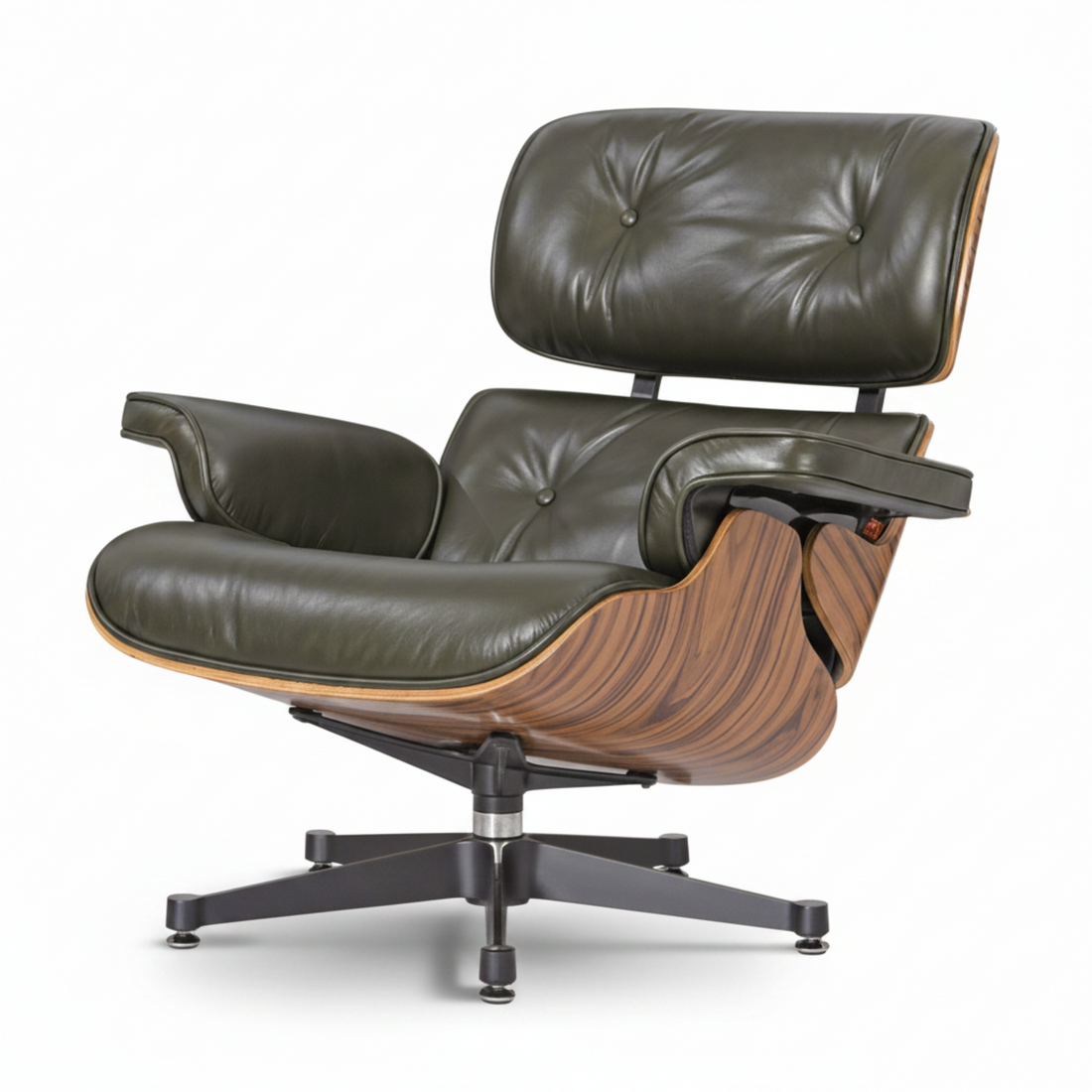 A mid-century modern lounge chair with an attached ottoman, featuring dark olive green leather upholstery