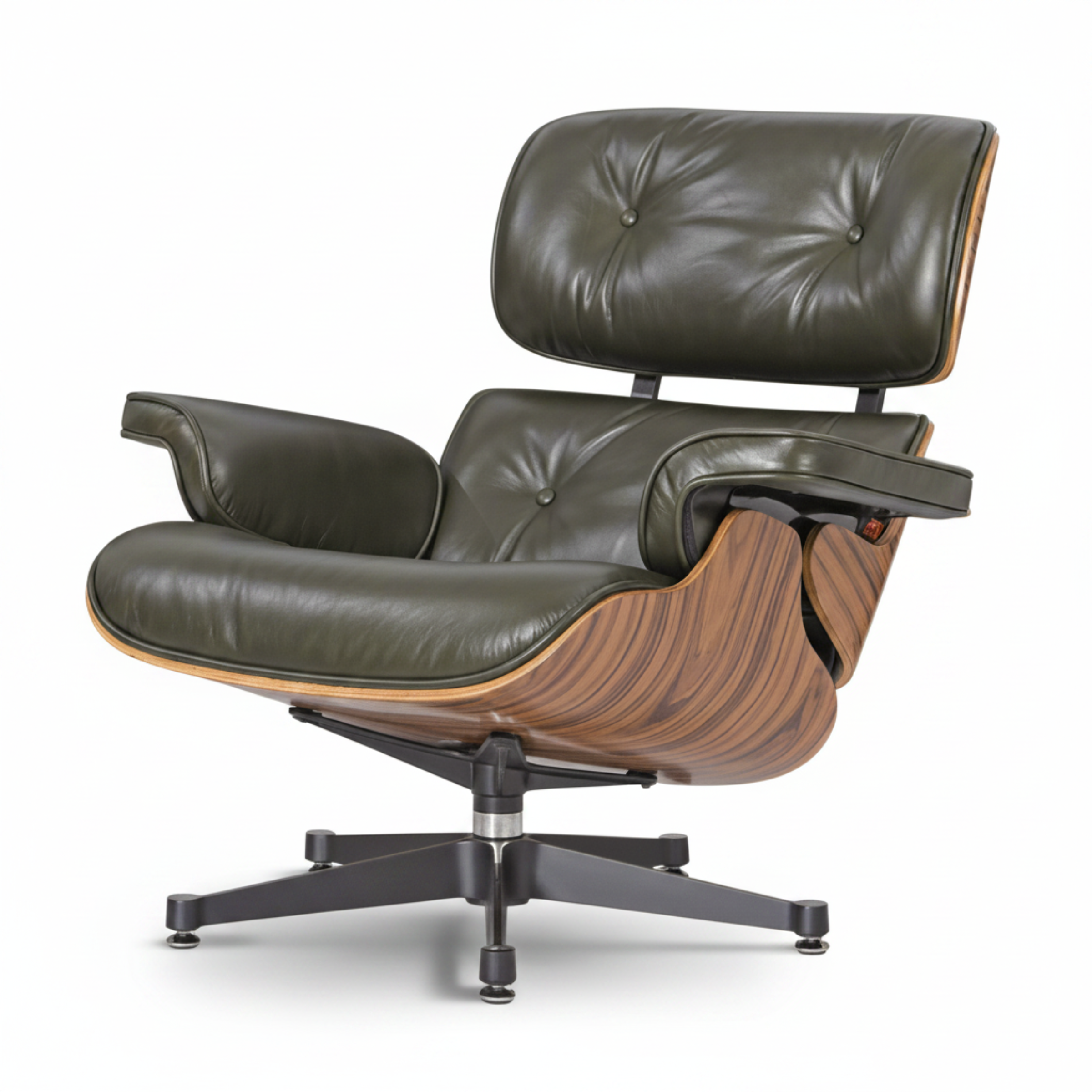 A mid-century modern lounge chair with dark olive green leather upholstery 