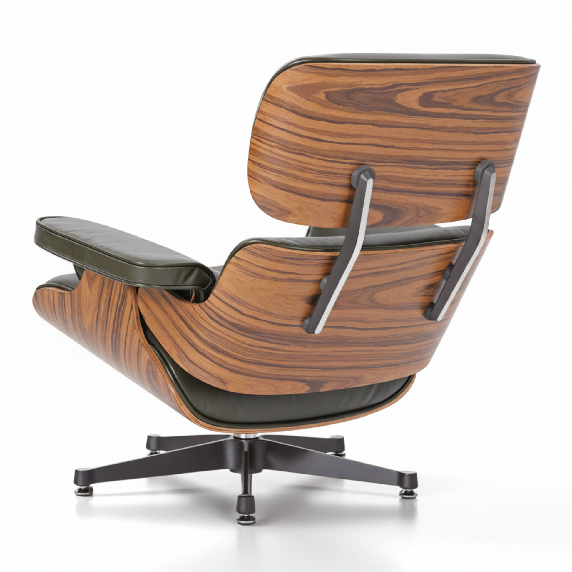 A classic mid-century modern lounge chair with a rich brown wood grain shell, black leather upholstery