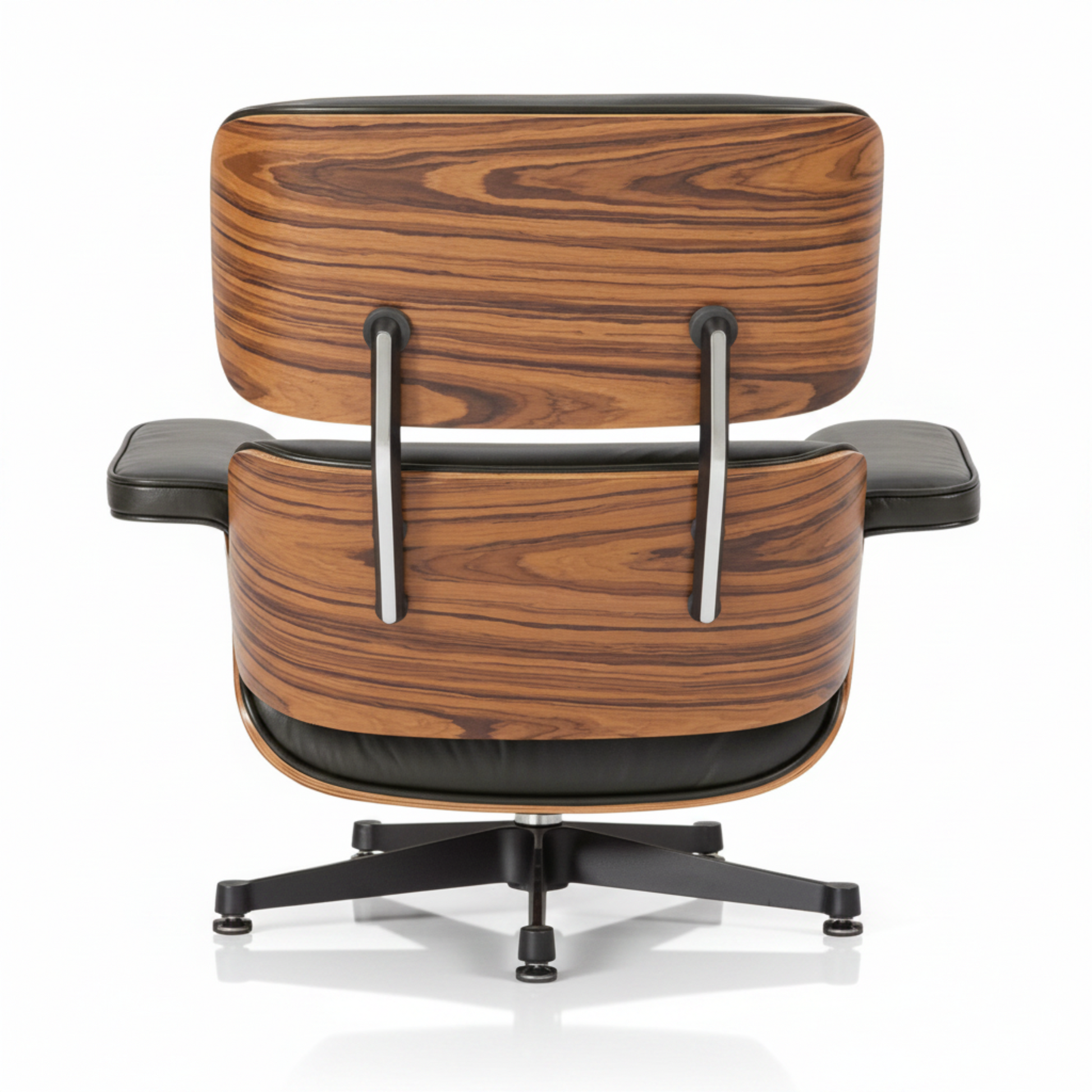 A mid-century modern lounge chair with a rich brown wood grain pattern on the seat and back cushions