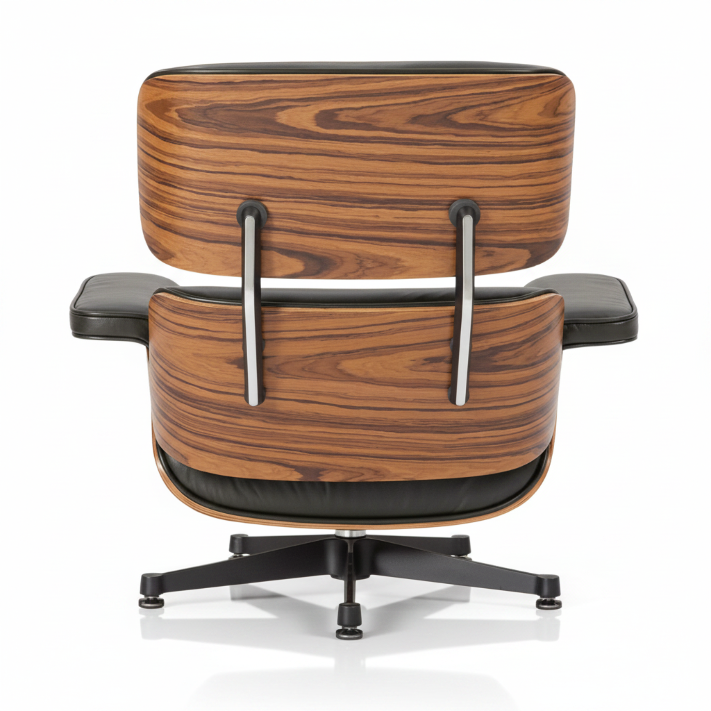 A mid-century modern lounge chair with a rich brown wood grain pattern on the seat and back cushions