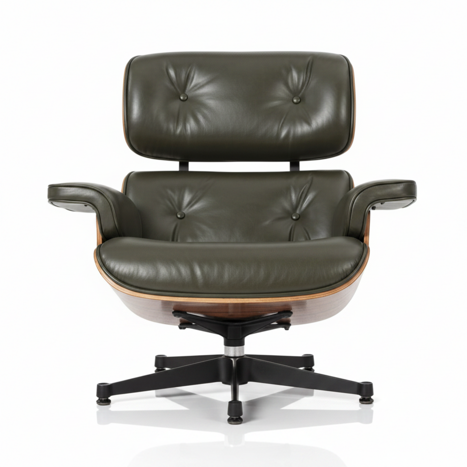 An iconic mid-century modern lounge chair with dark olive green leather upholstery