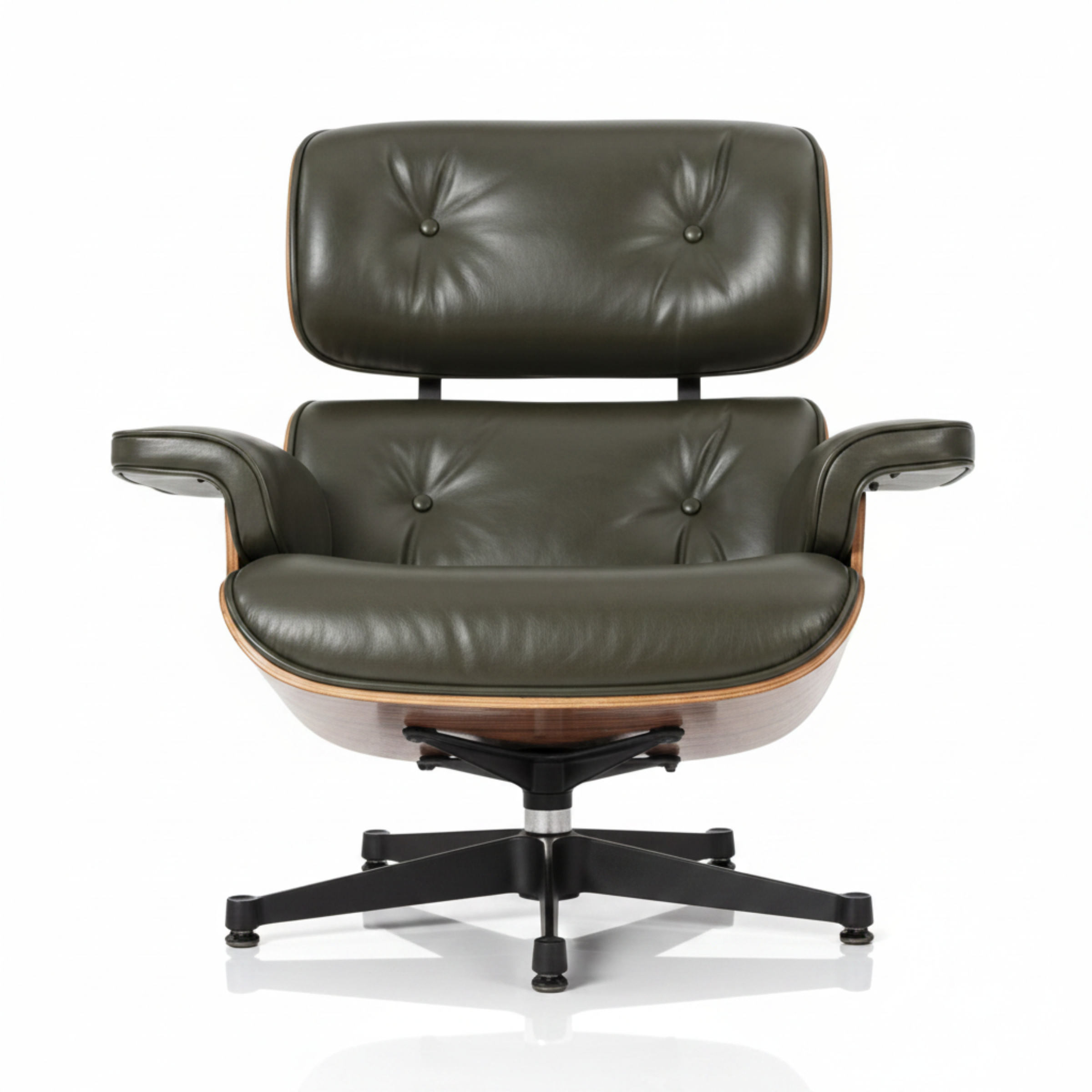 An iconic mid-century modern lounge chair with dark olive green leather upholstery