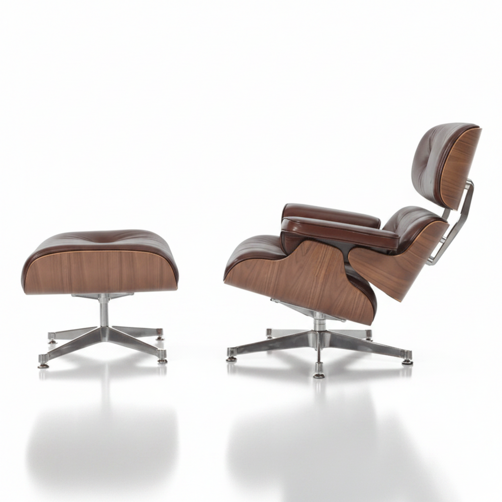 A mid-century modern lounge chair with an ottoman, featuring brown leather upholstery and wood-grain