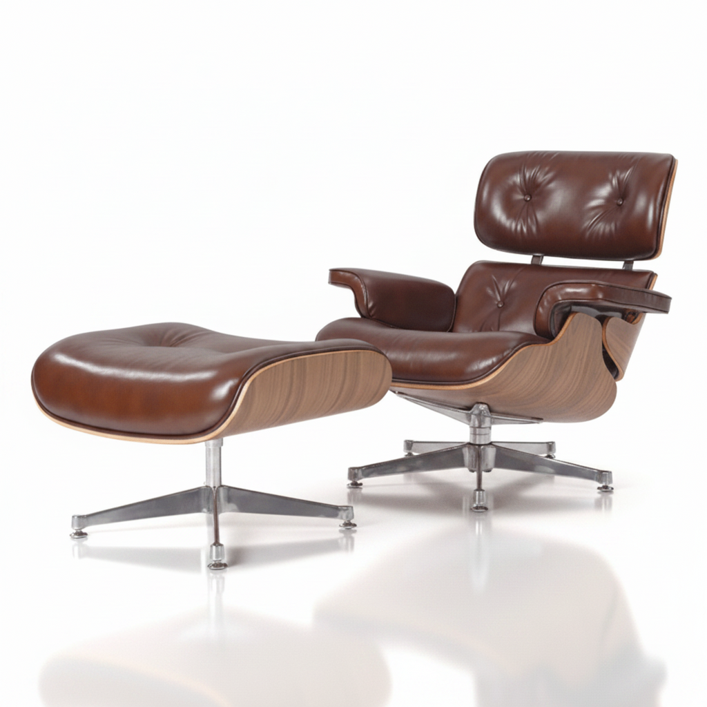 A mid-century modern lounge chair with matching ottoman on a white reflective studio background.