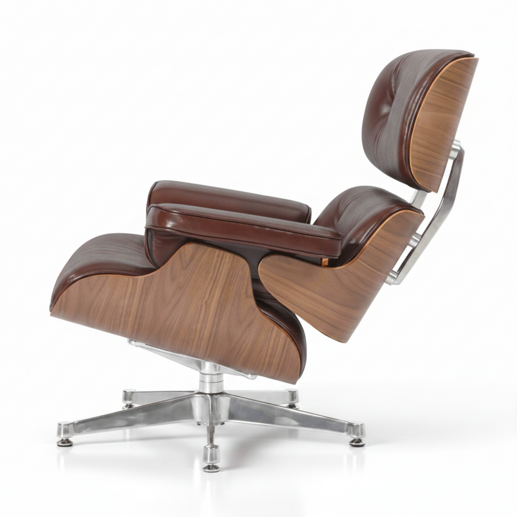 A classic mid-century modern lounge chair with a brown leather seat and backrest, accented by walnut wood