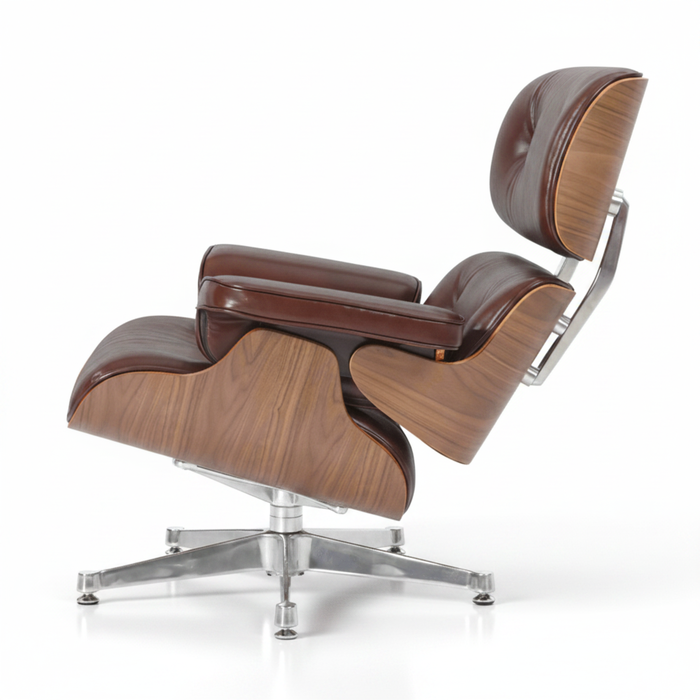 A classic mid-century modern lounge chair with a brown leather seat and backrest, accented by walnut wood