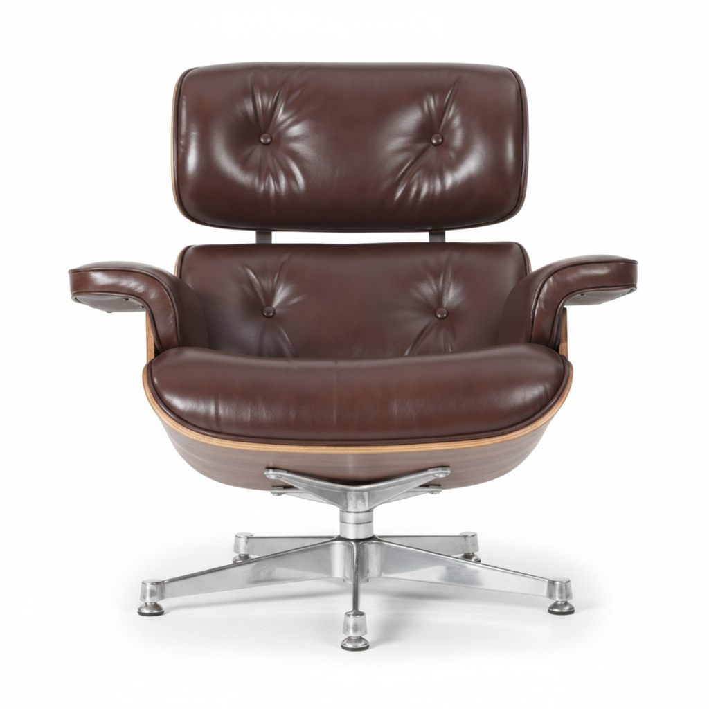 A classic mid-century modern lounge chair in dark brown tufted leather with a chrome five-star base