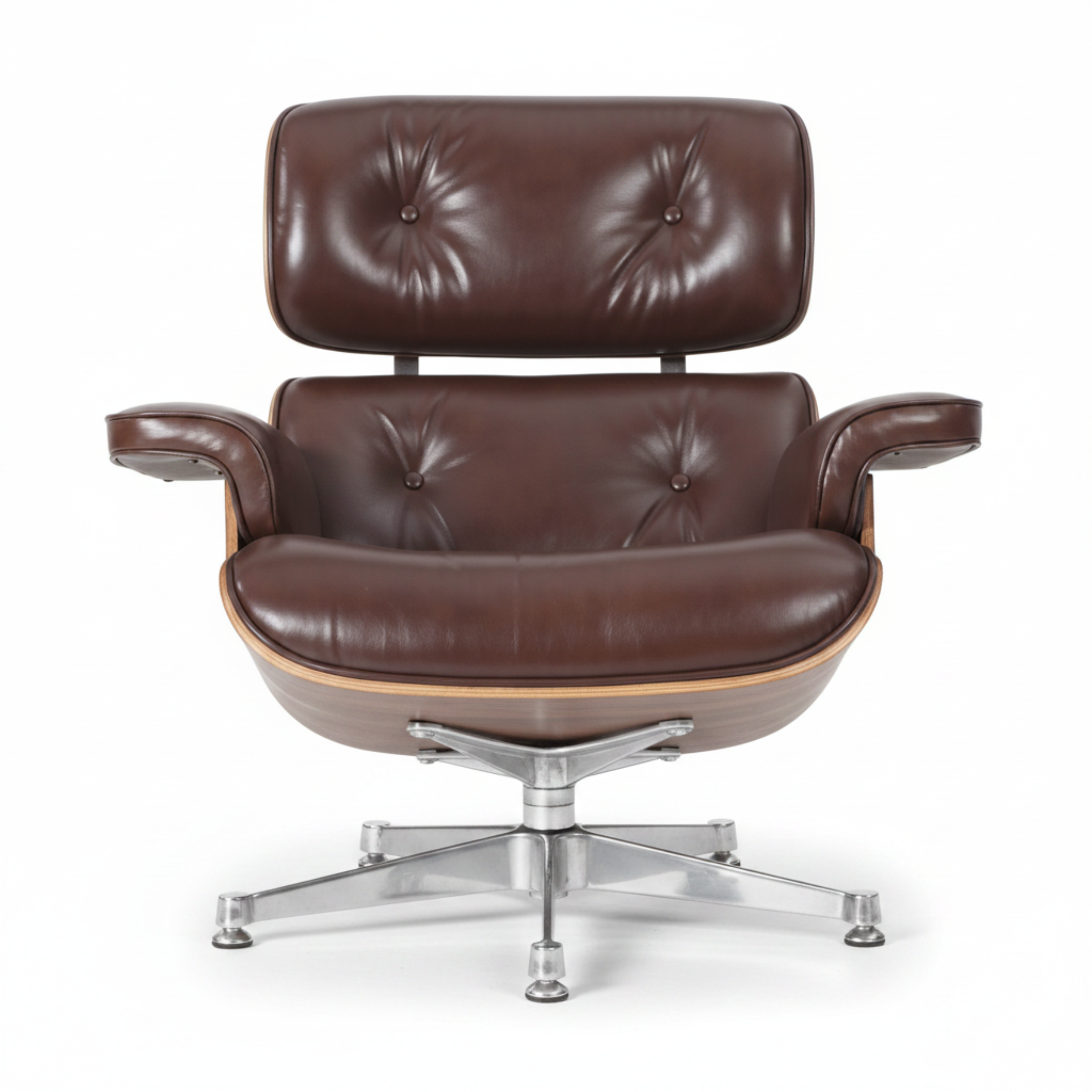 A classic mid-century modern lounge chair in dark brown tufted leather with a chrome five-star base