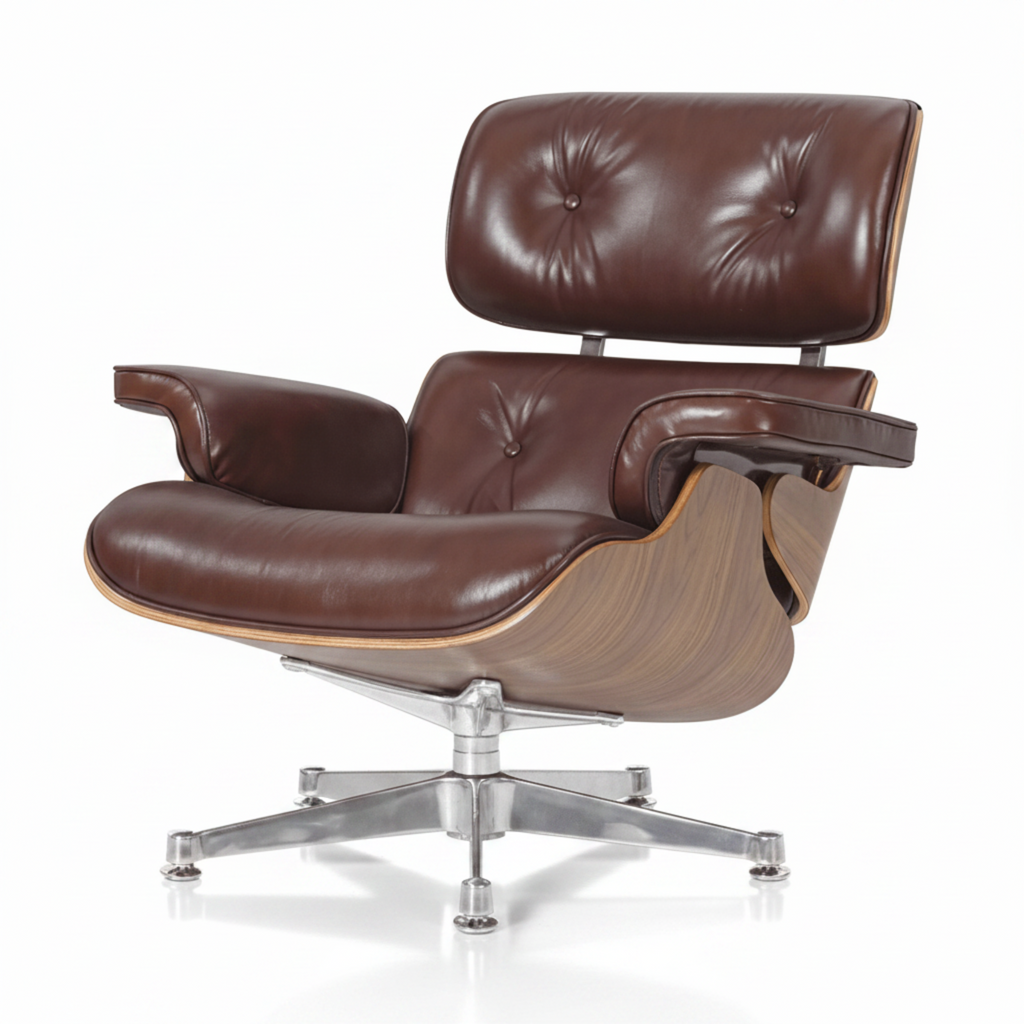 A classic mid-century modern lounge chair with dark brown tufted leather upholstery