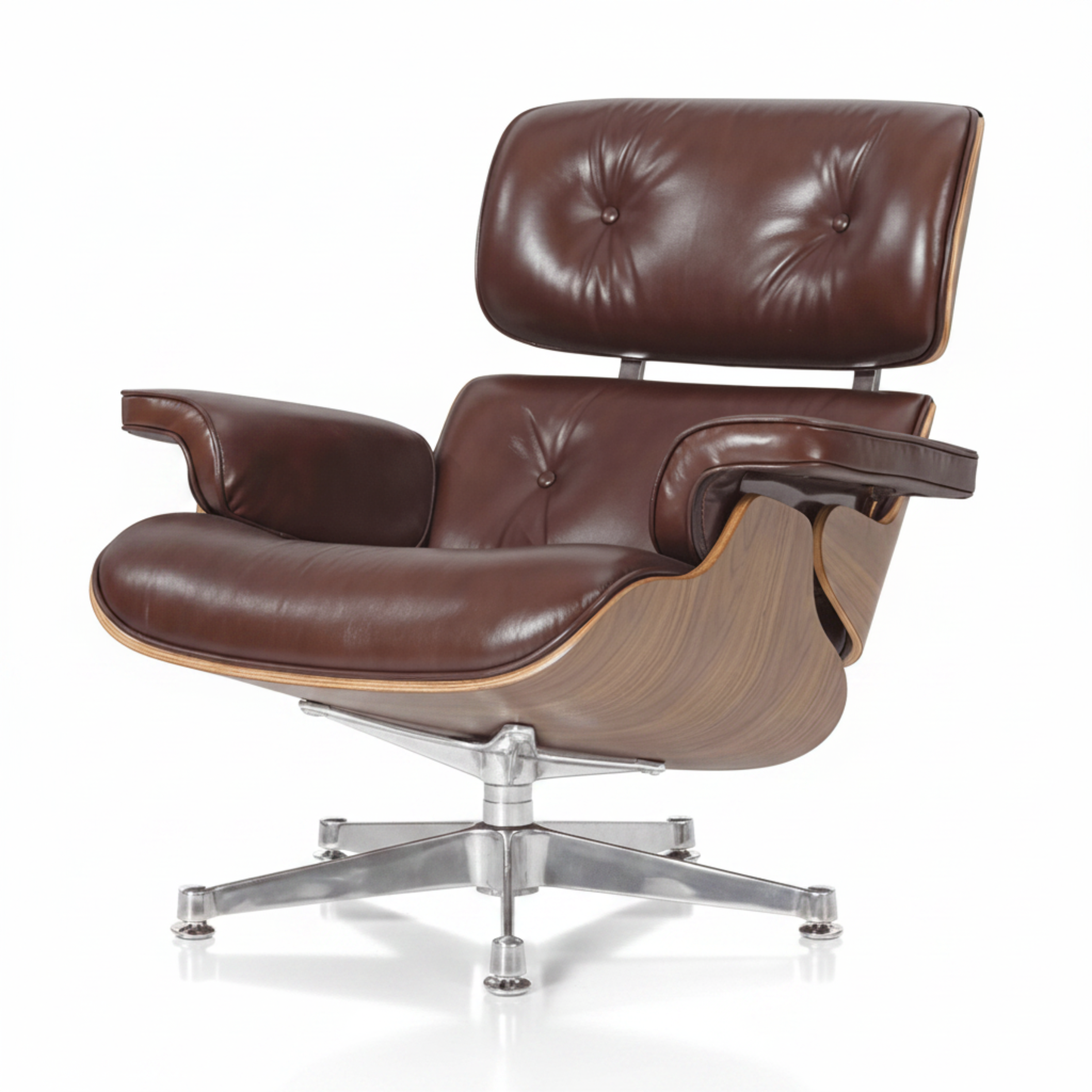 A classic mid-century modern lounge chair with dark brown tufted leather upholstery