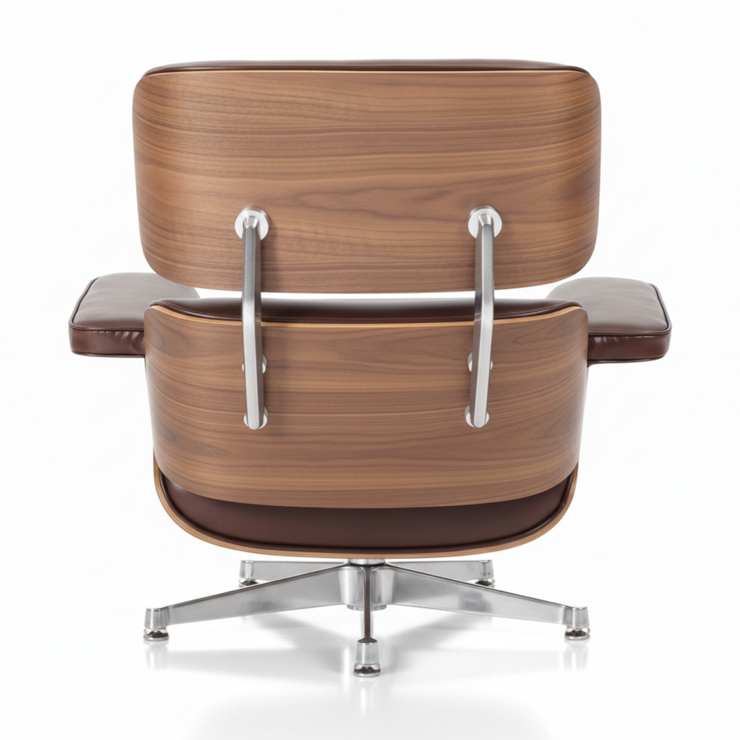 A mid-century modern lounge chair with a wood grain upholstered seat and backrest, brown leather side cushions