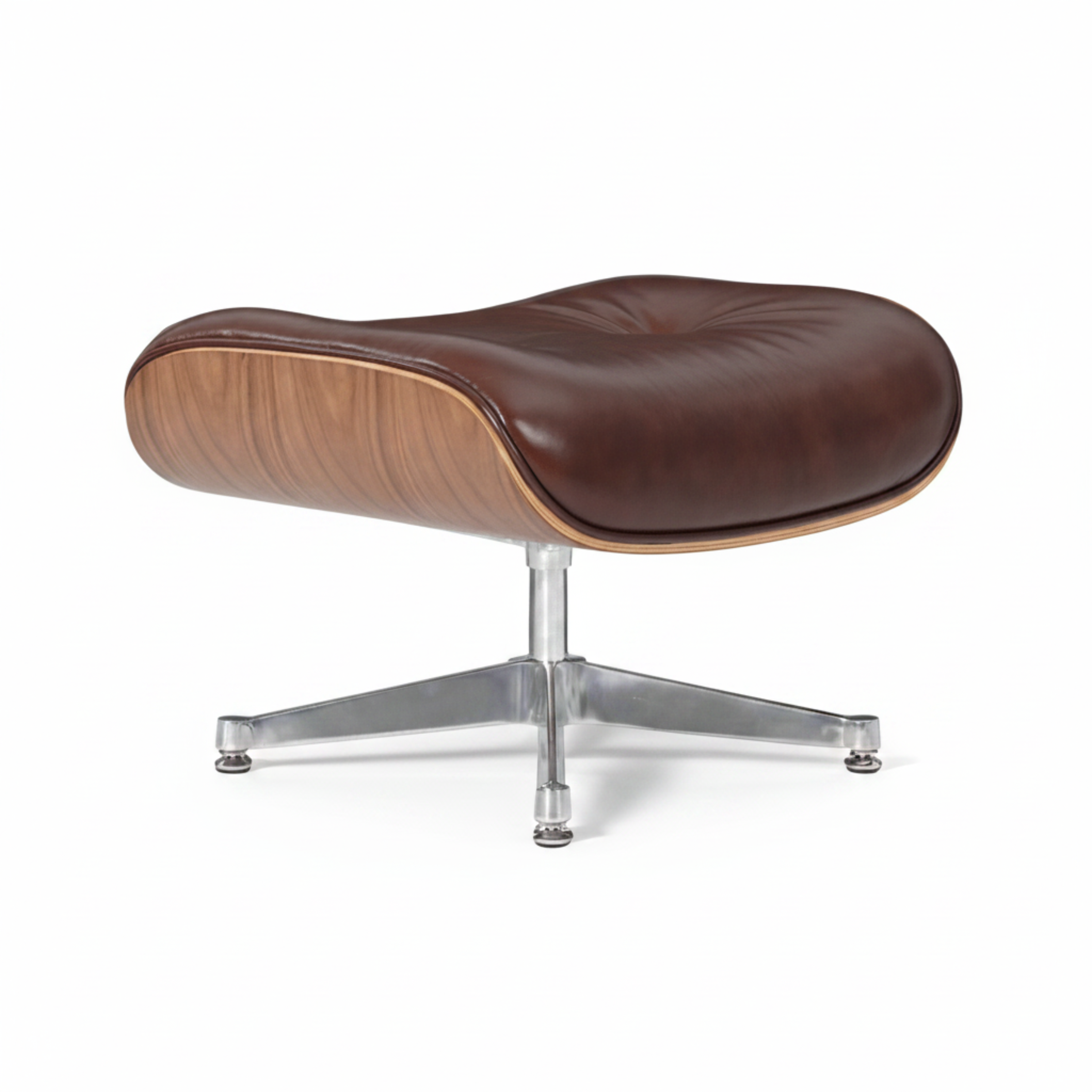 A modern lounge ottoman with a curved dark brown leather seat, a natural wood grain side panel, and a chrome metal swivel base