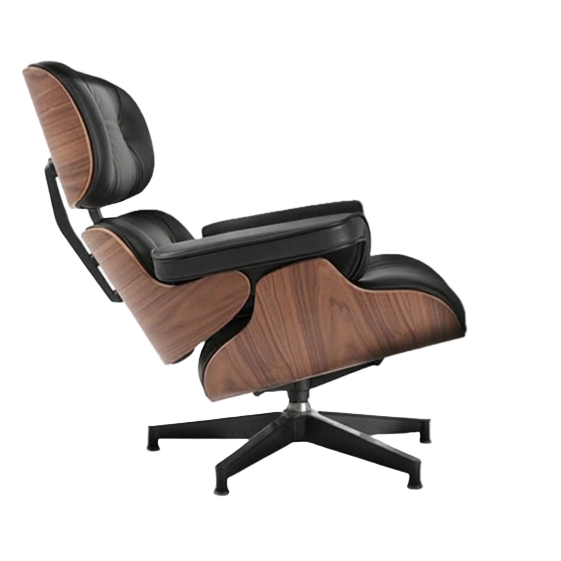 Modern lounge chair with wooden accents and black leather on a white background