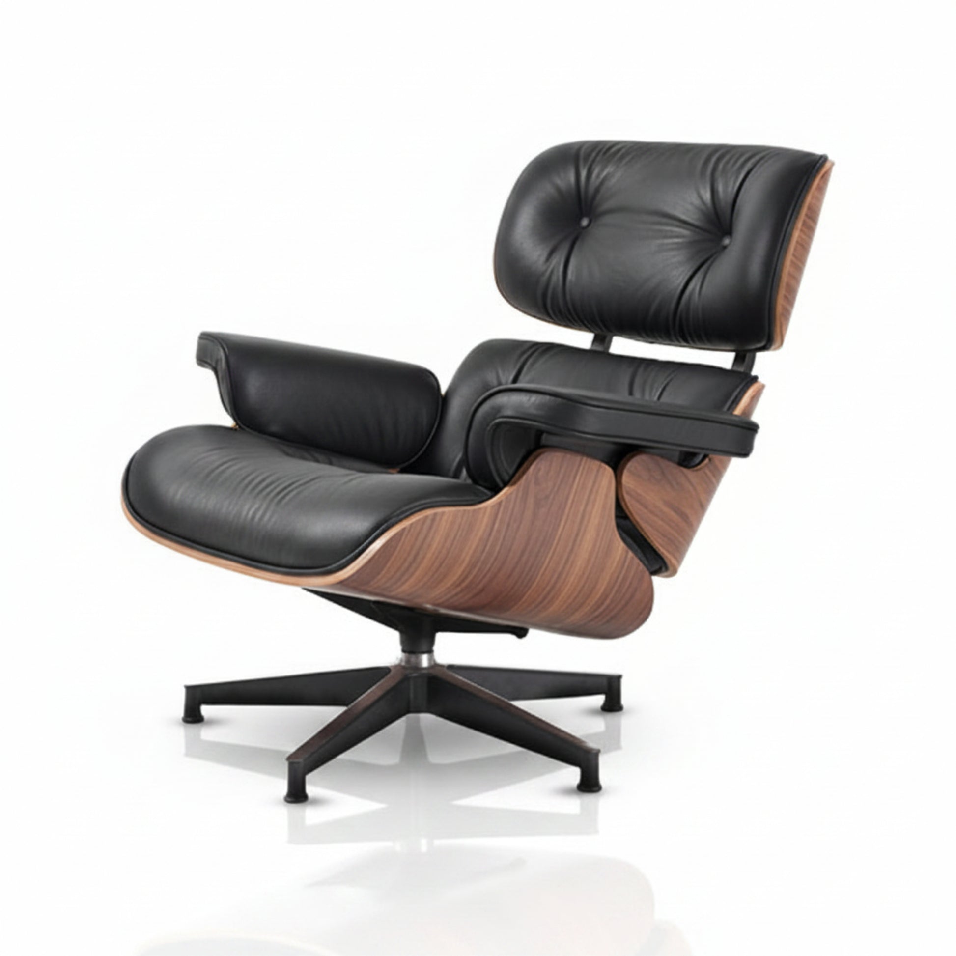 Black leather and wood lounge chair on a white background