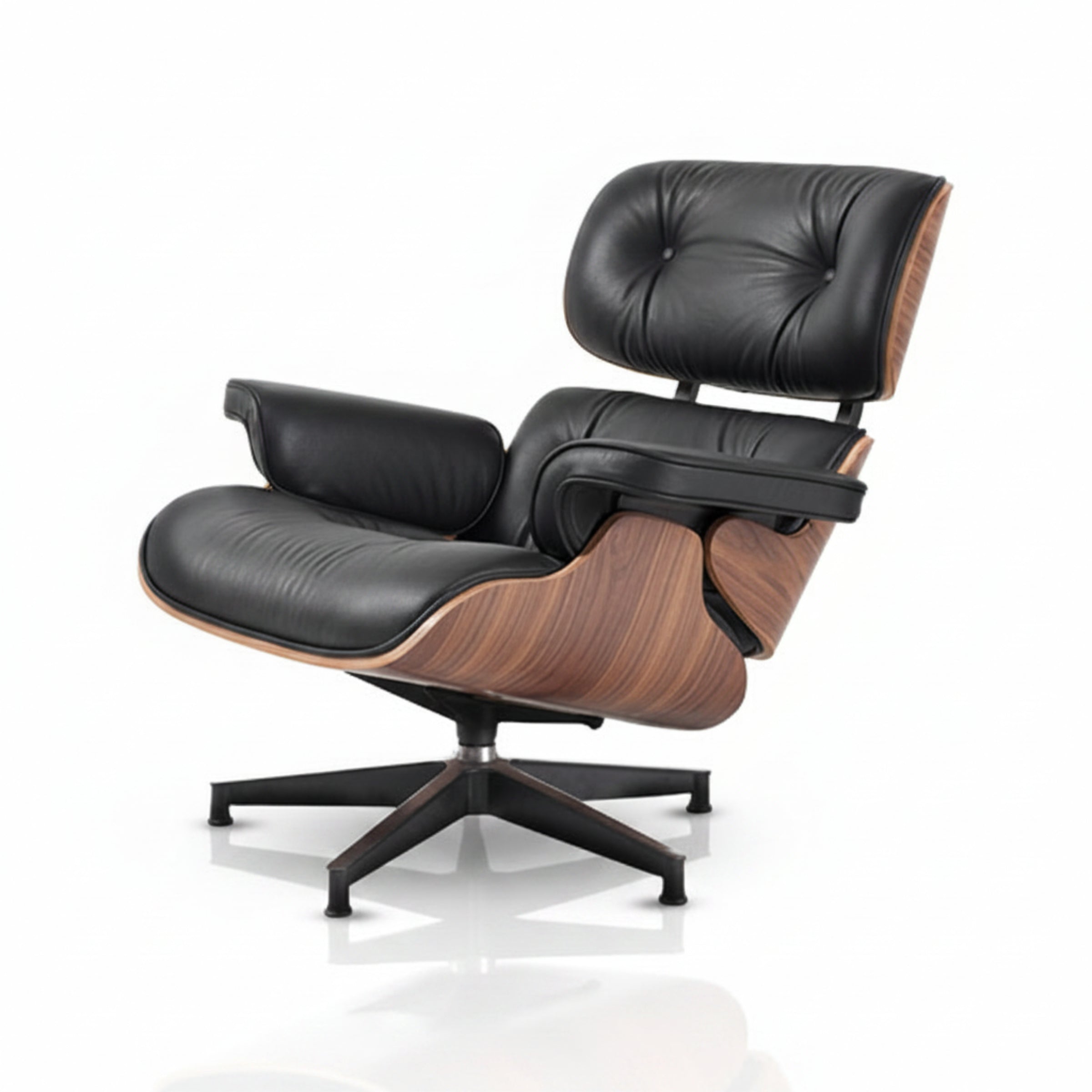 Black leather and wood lounge chair on a white background