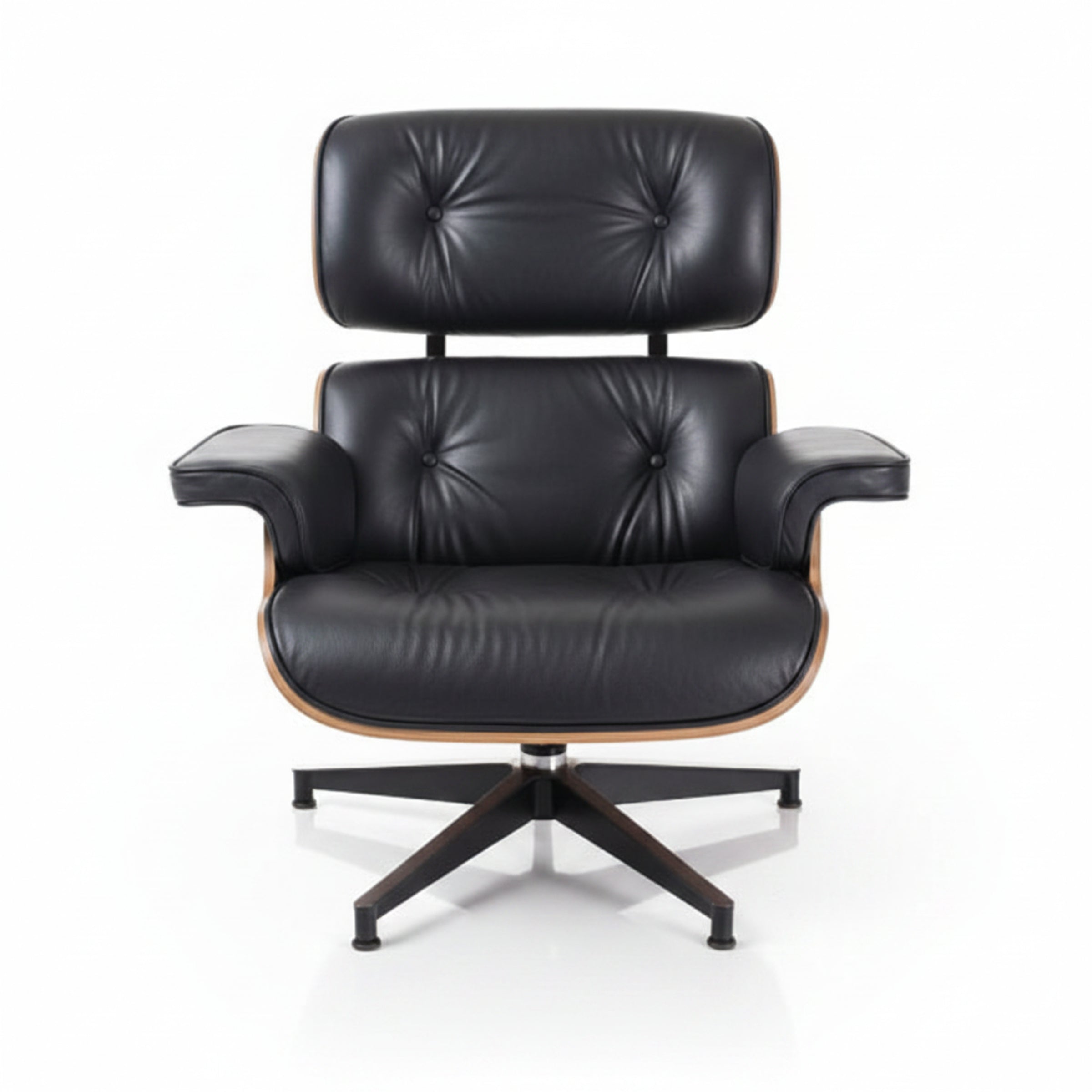 Black leather armchair with wooden accents on a white background