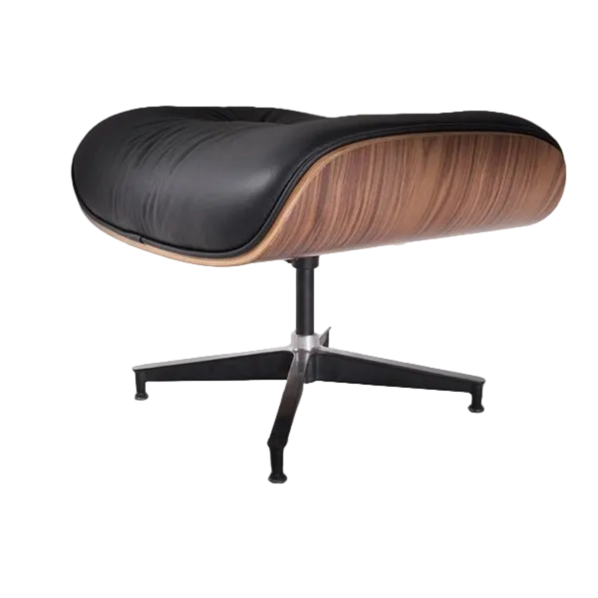 Modern ottoman with black leather seat and wooden backrest on a white background