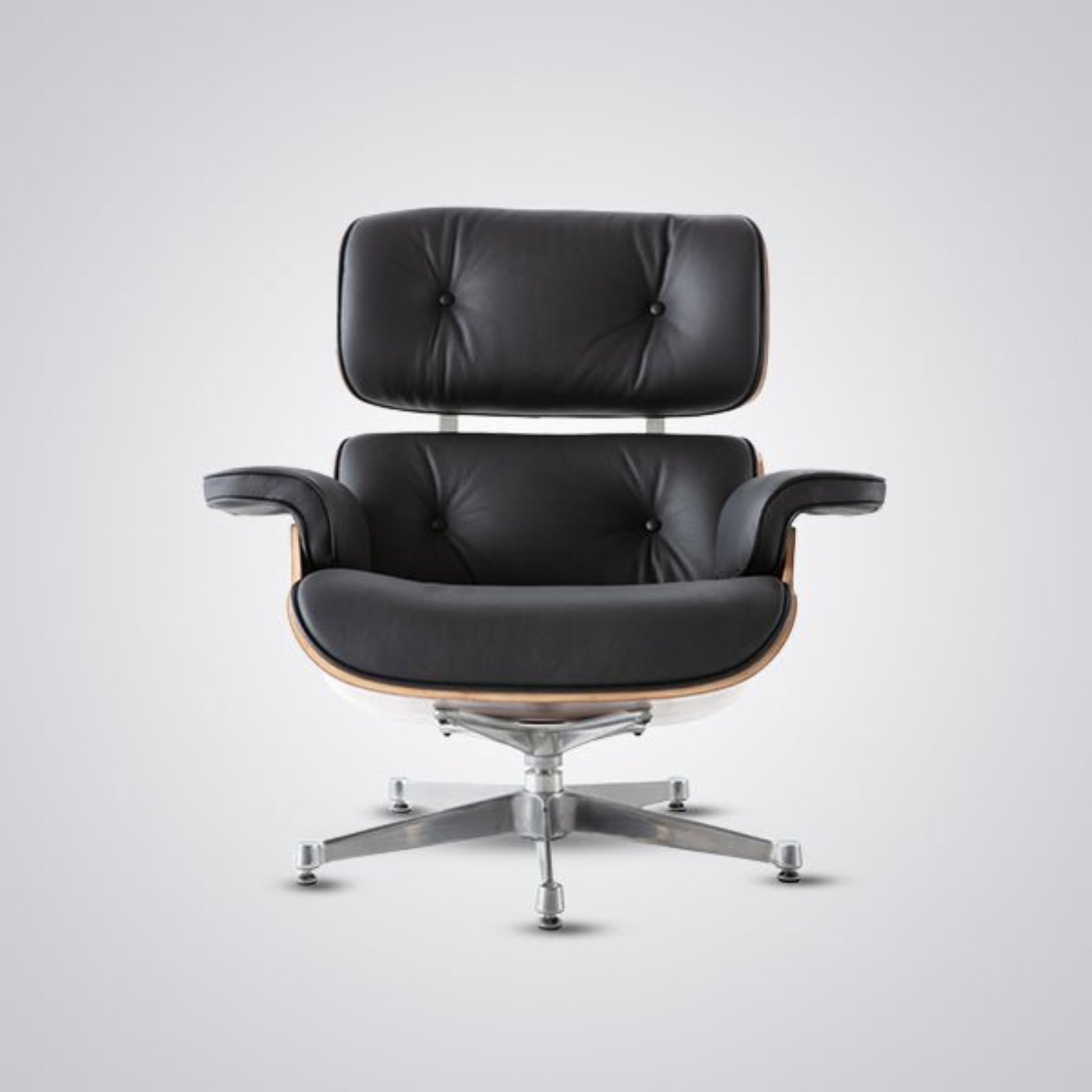 Black leather chair with wooden armrests on a white background