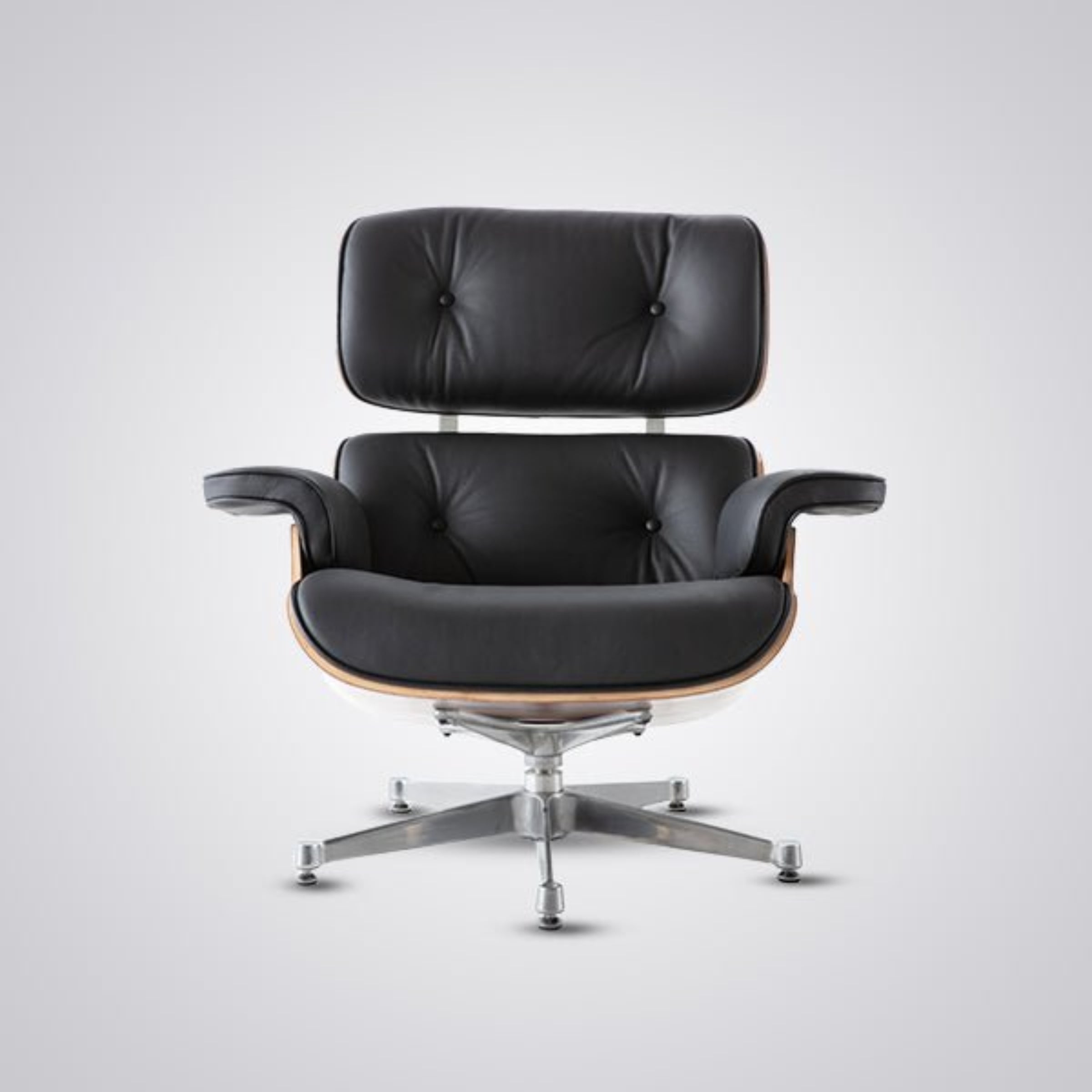 Black leather chair with wooden armrests on a white background