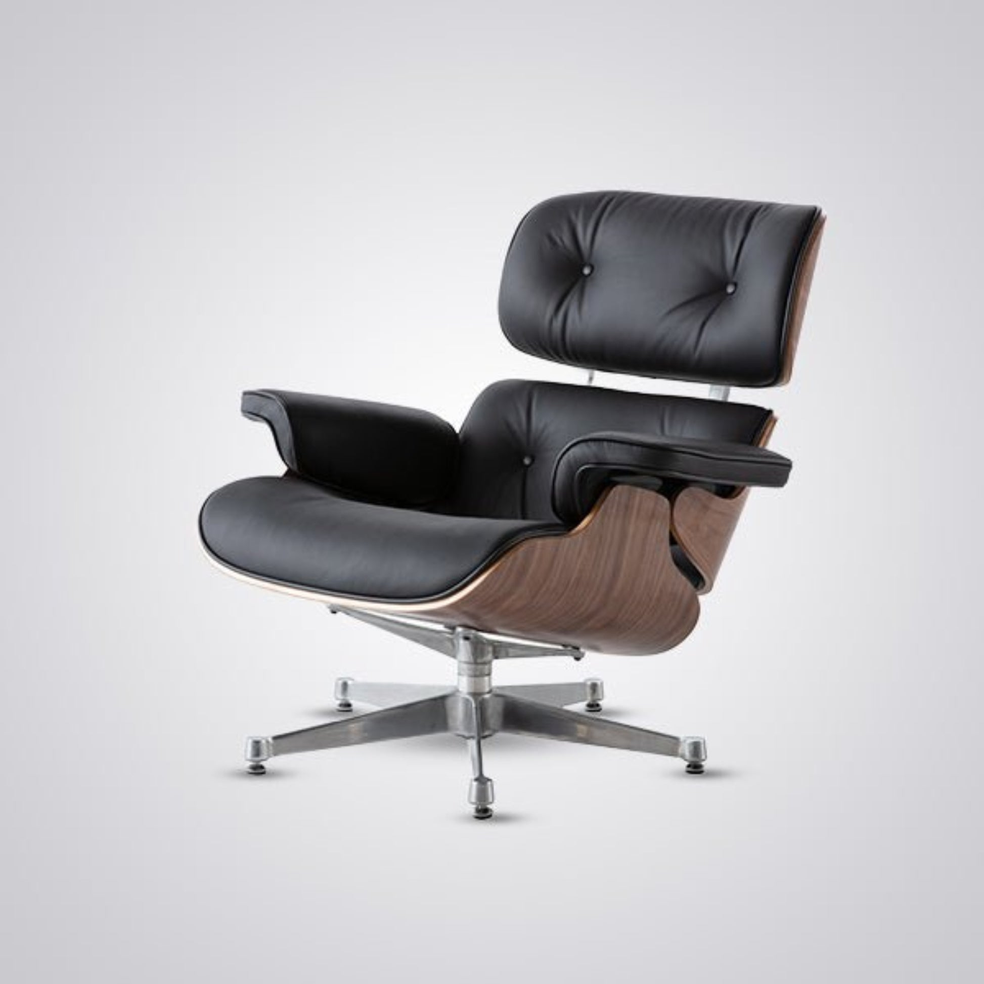 Modern black leather and wood armchair on a white background