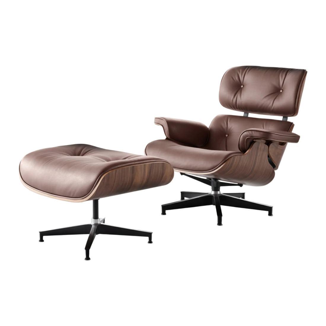 Brown leather lounge chair and ottoman on a white background