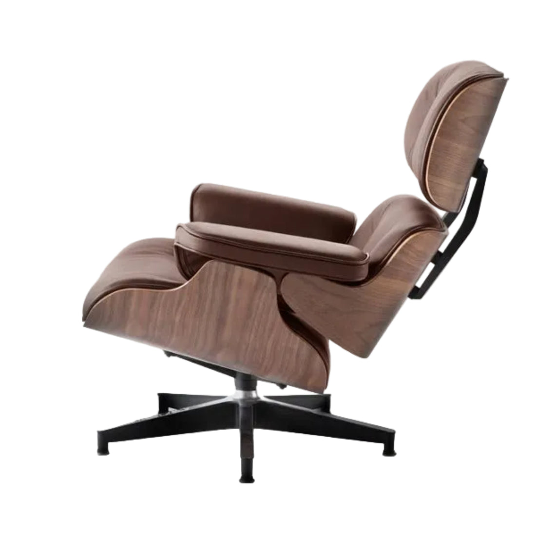Brown leather lounge chair and ottoman on a white background