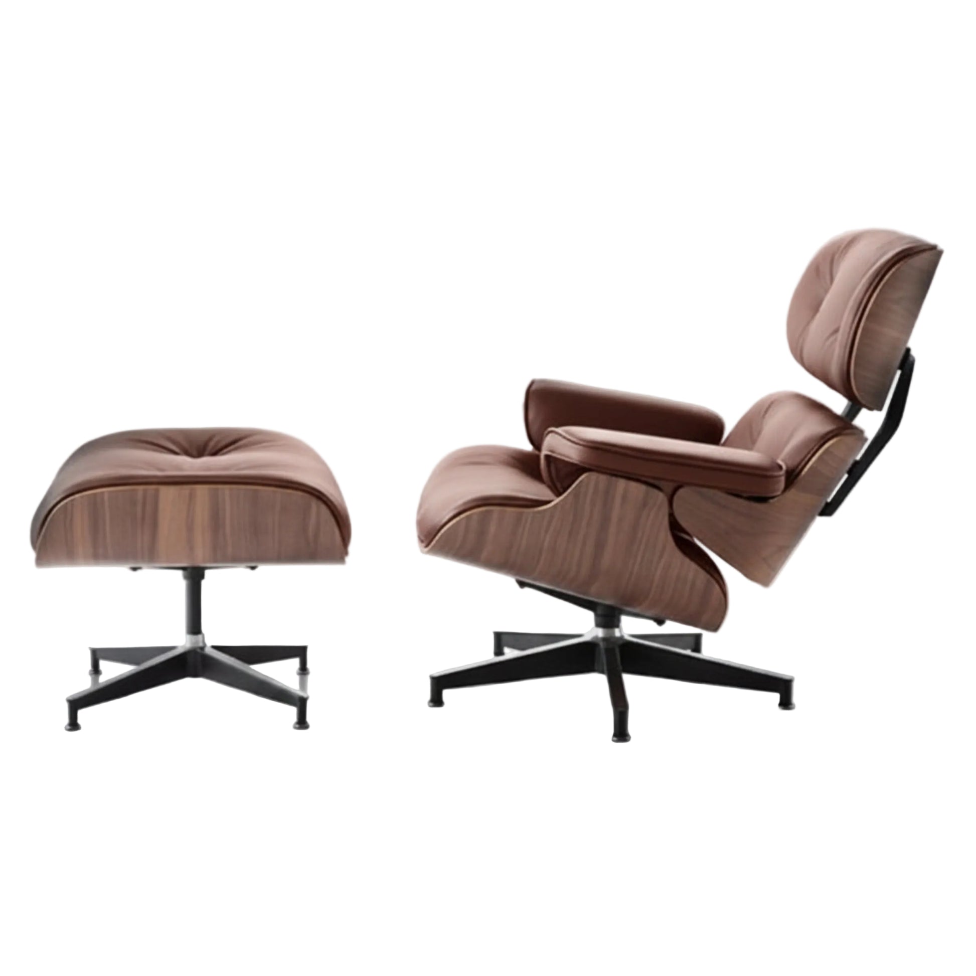 Brown lounge chair and ottoman on a white background