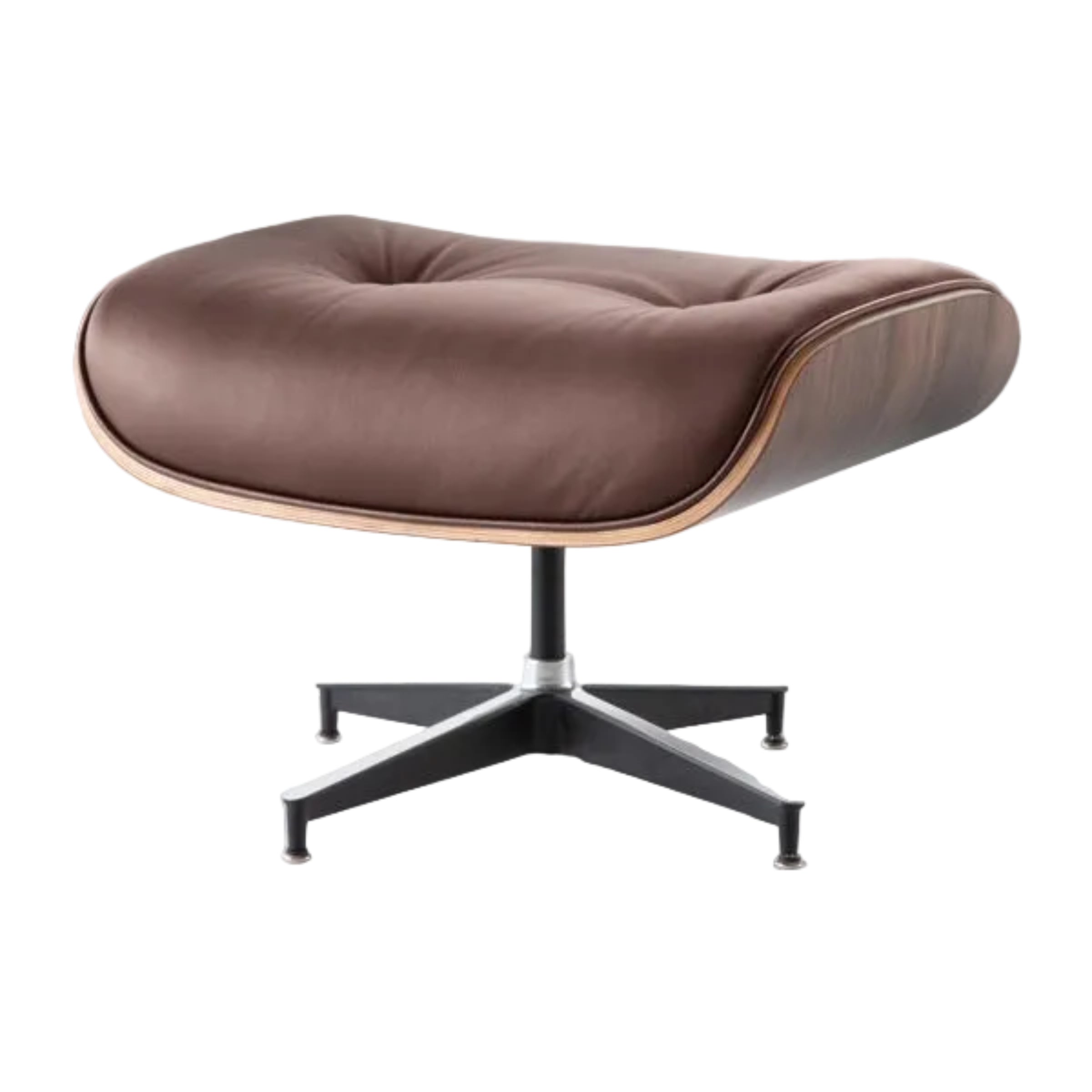 Brown leather ottoman with a black metal base on a white background