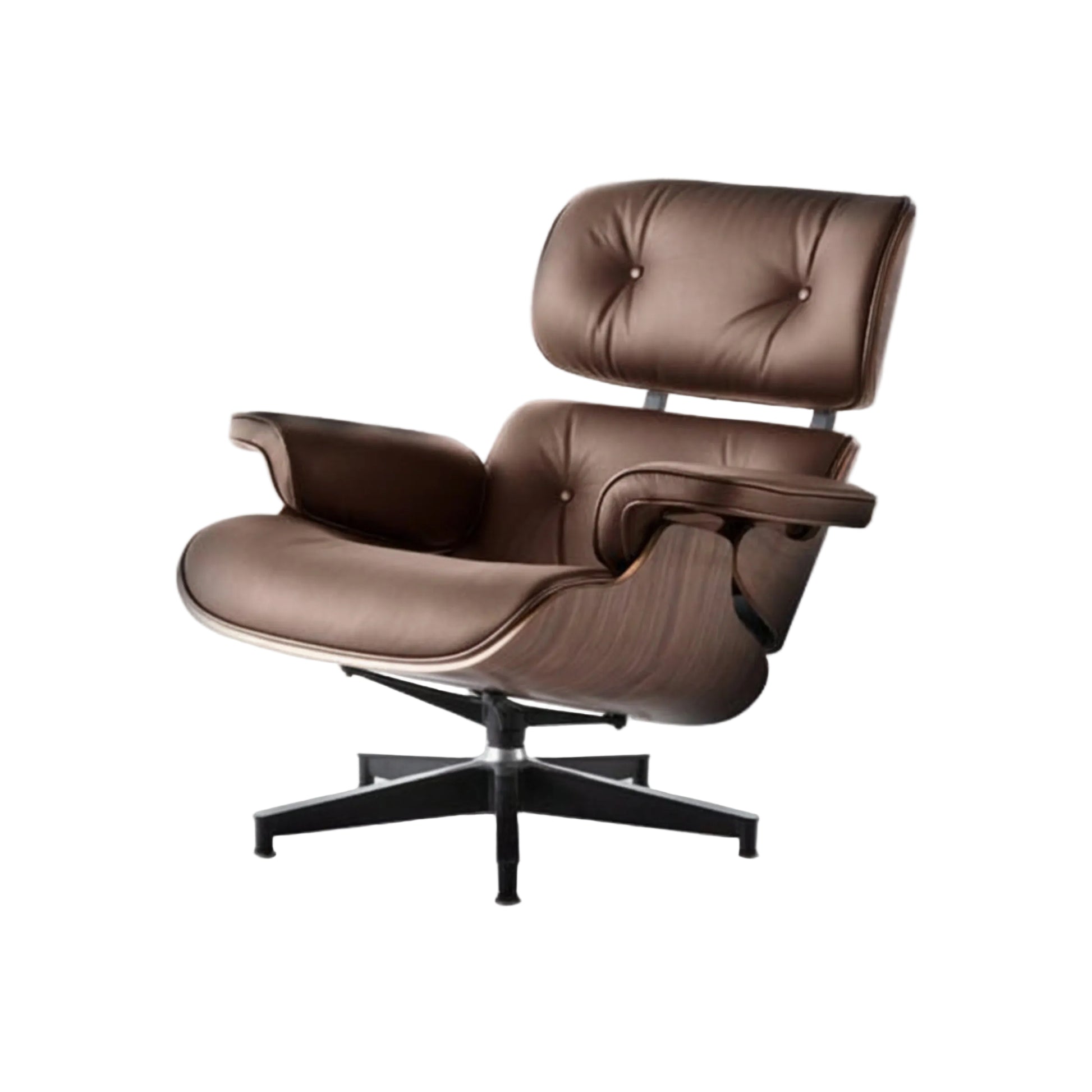 Brown leather lounge chair with black metal base on a white background