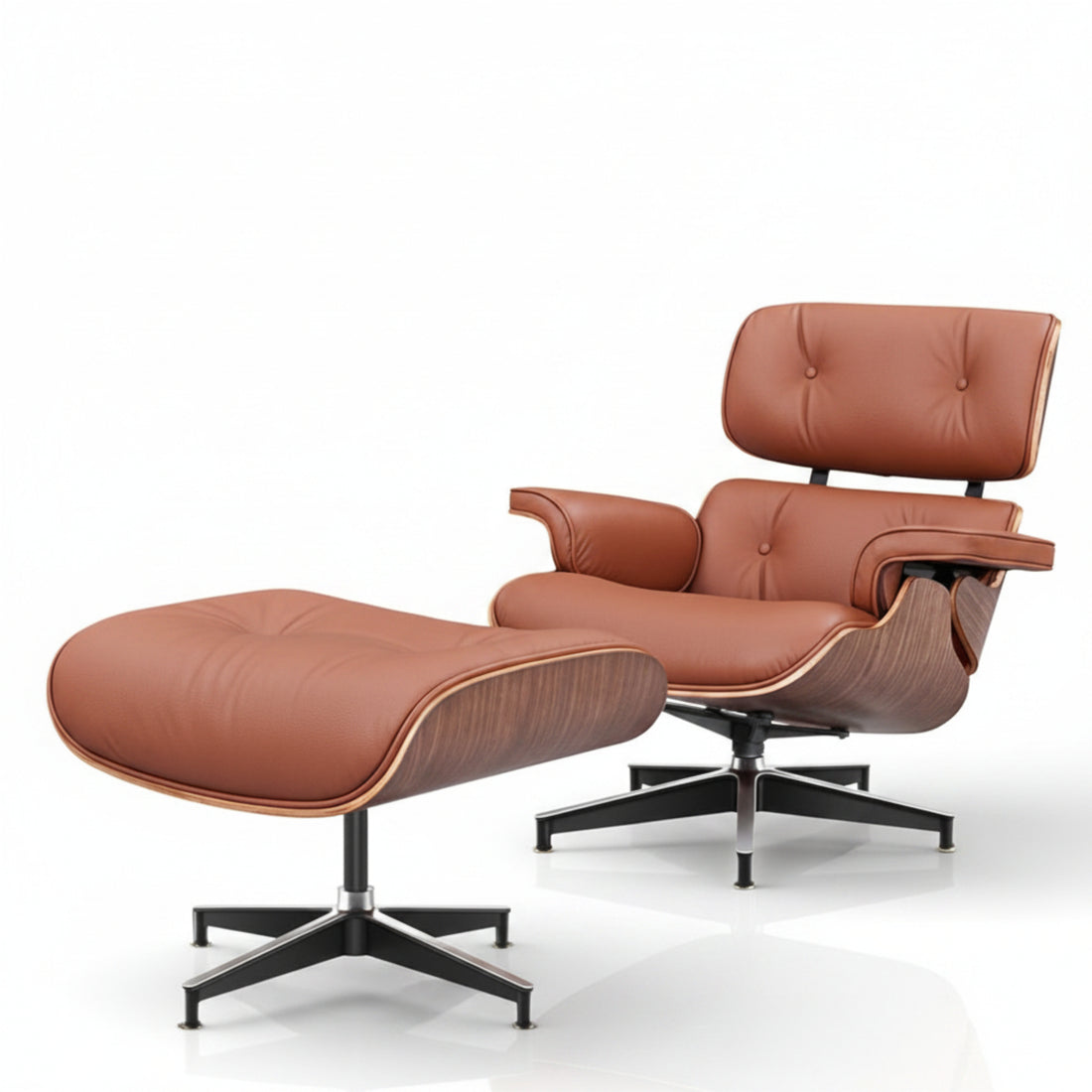 Brown leather lounge chair and ottoman on a white background