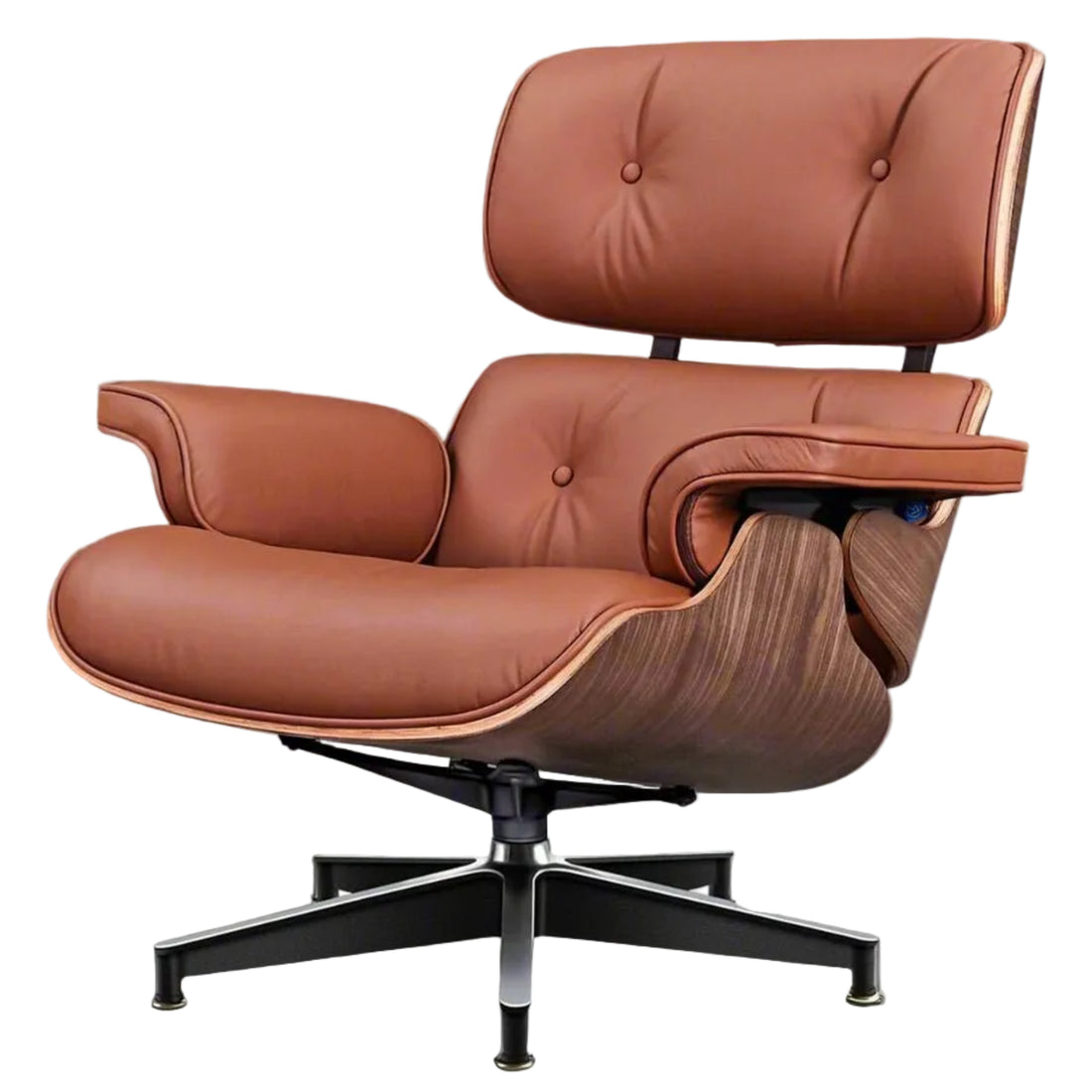 Brown leather lounge chair and ottoman on a white background