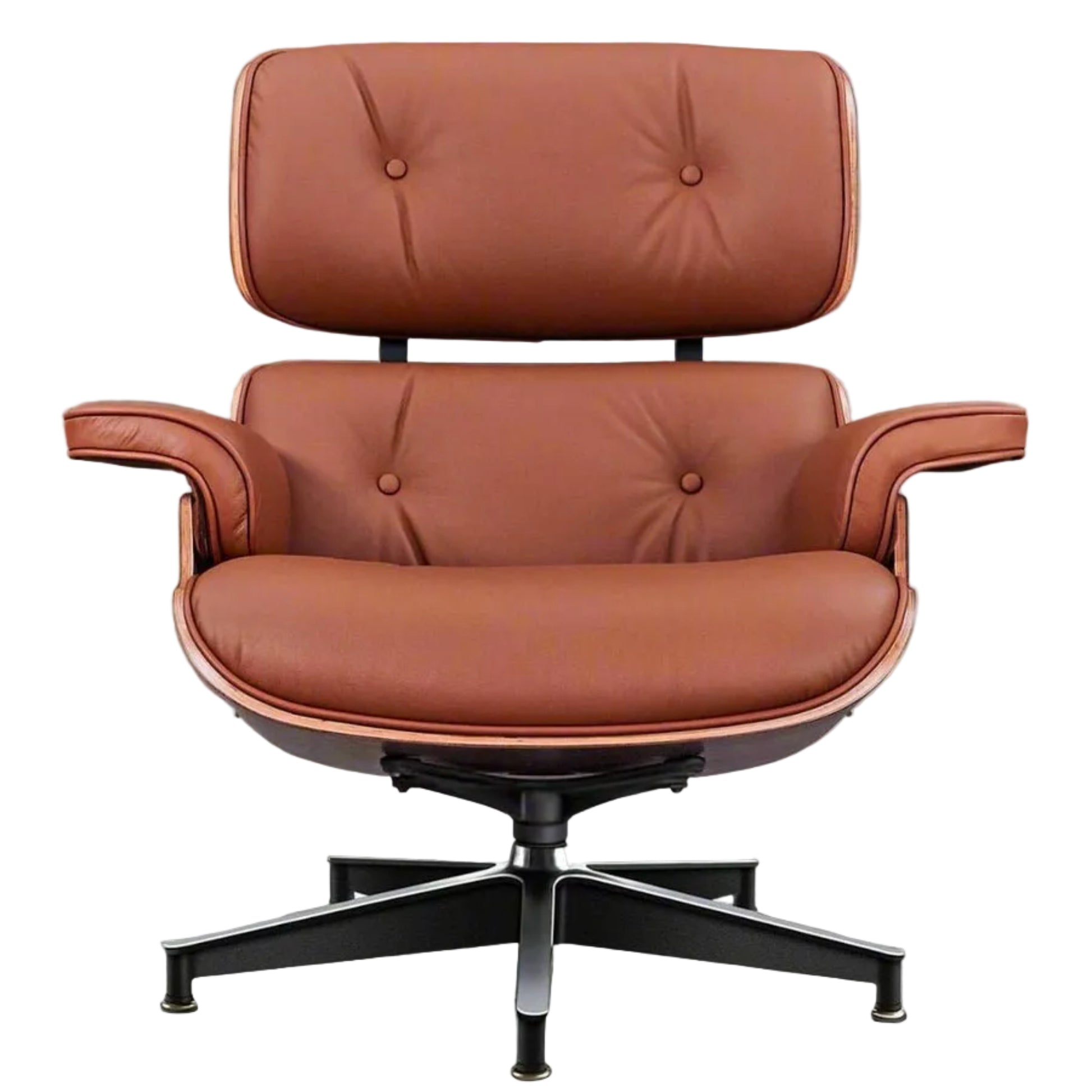 Brown leather armchair with a black metal base on a white background