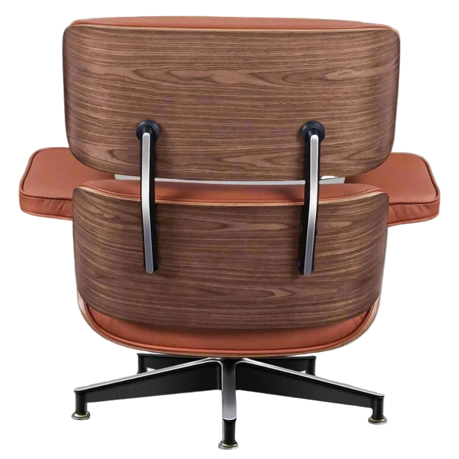 Wooden chair with brown cushioned seat and backrest on a white background