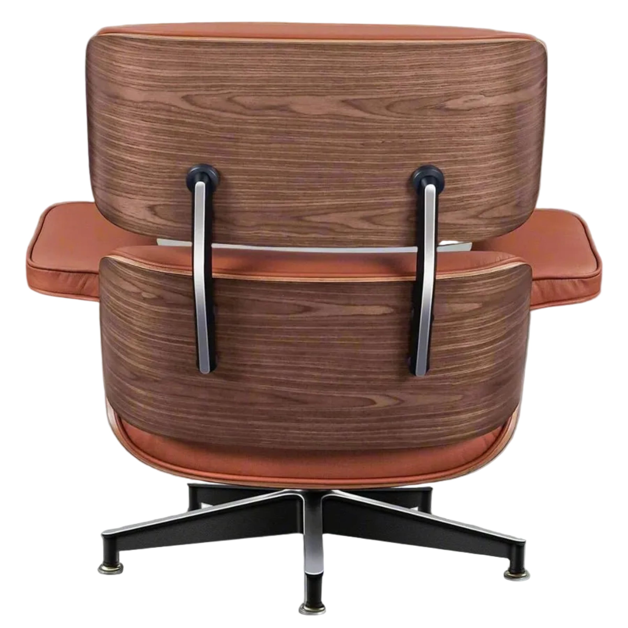 Wooden chair with brown cushioned seat and backrest on a white background