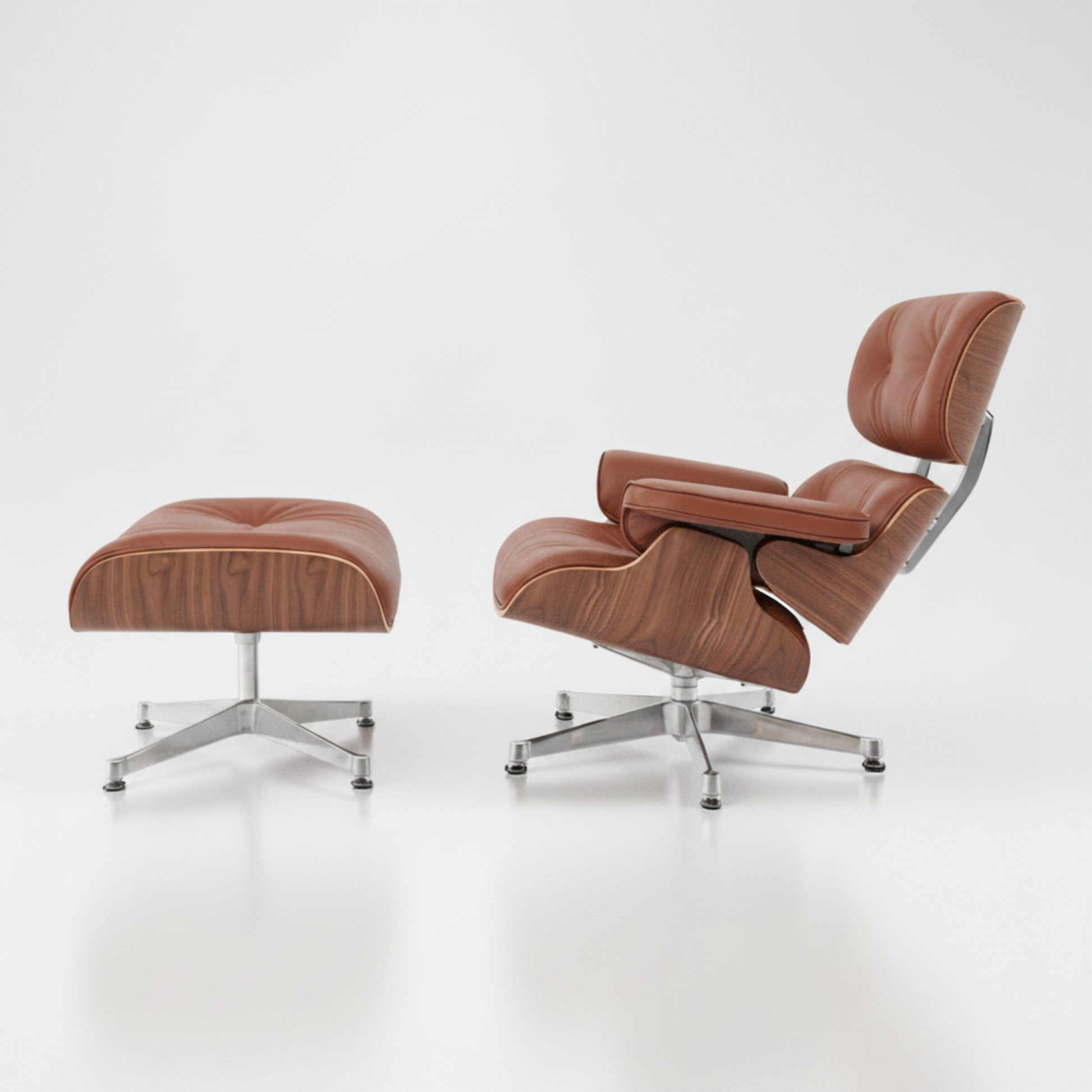 Brown lounge chair and ottoman on a gray background