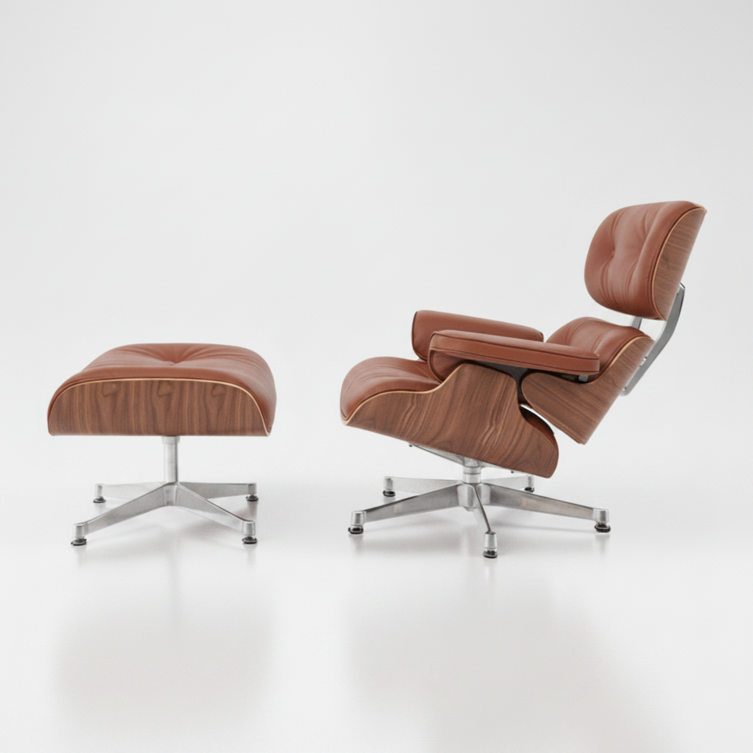 Brown lounge chair and ottoman on a gray background