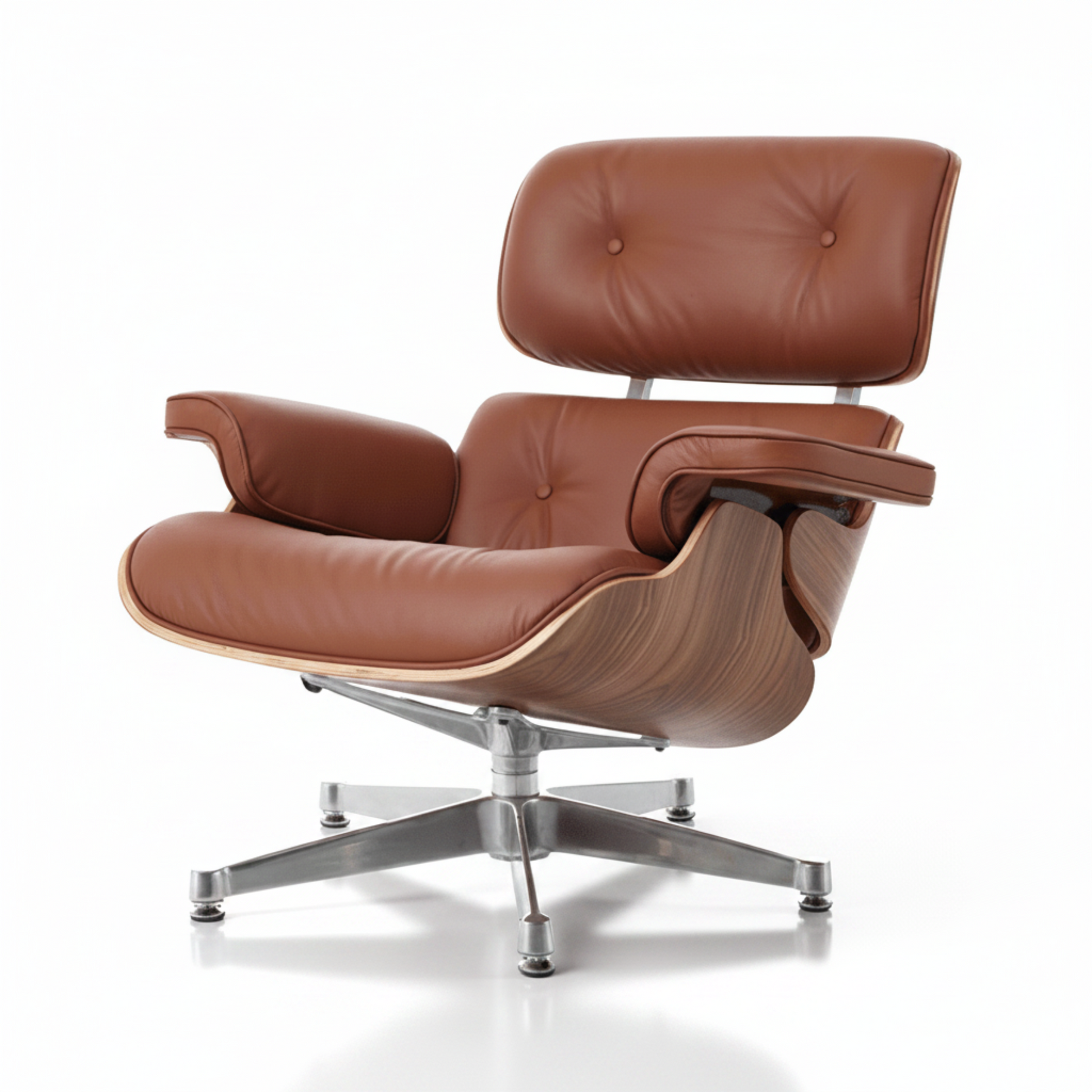 Brown leather lounge chair with wooden accents on a white background