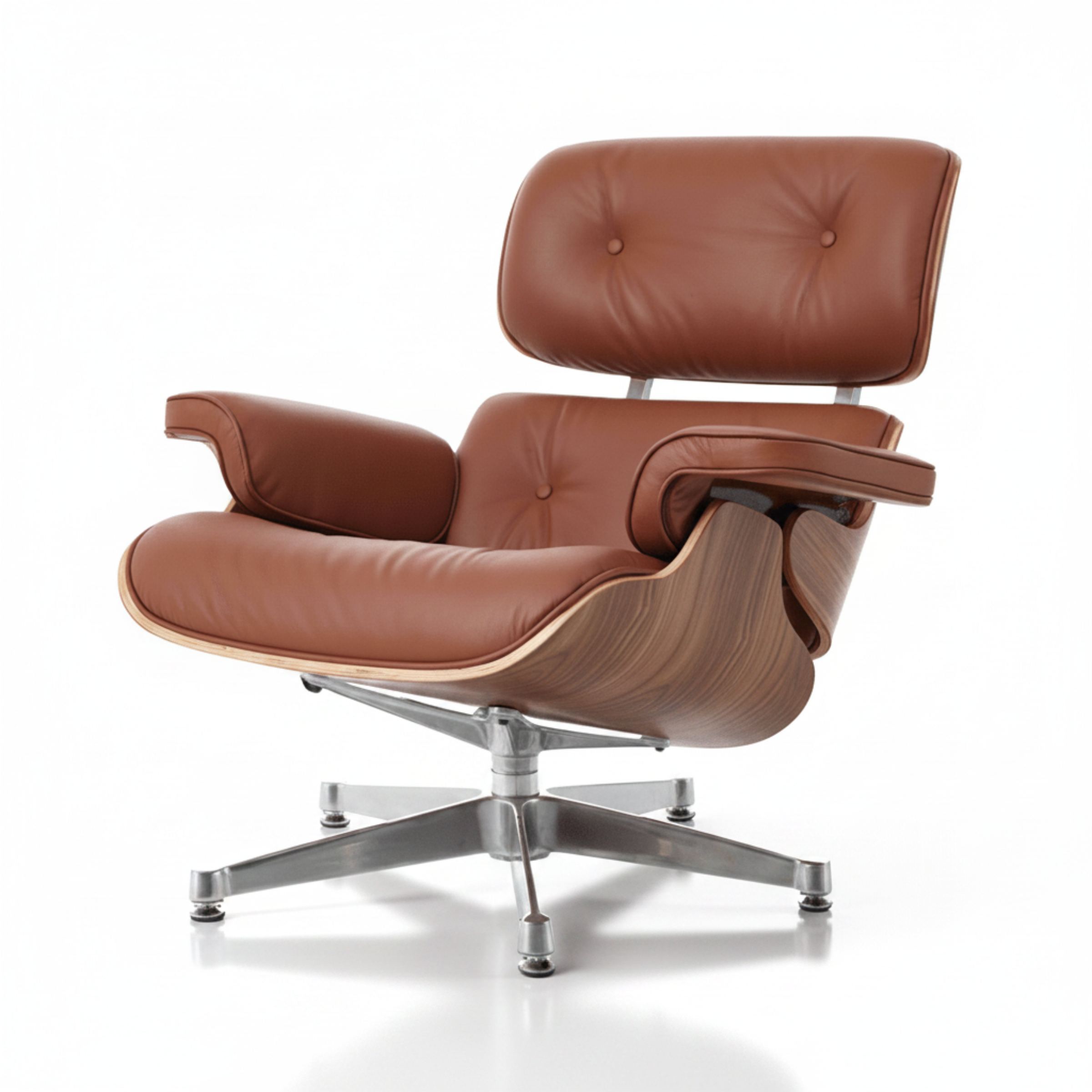 Brown leather lounge chair with wooden accents on a white background