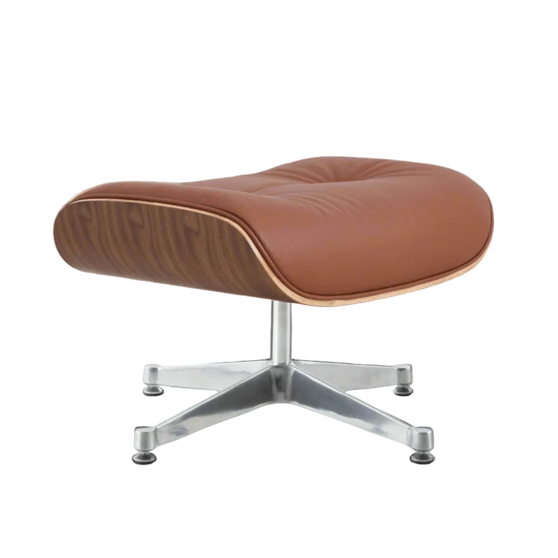 Brown leather ottoman with a metal base on a white background