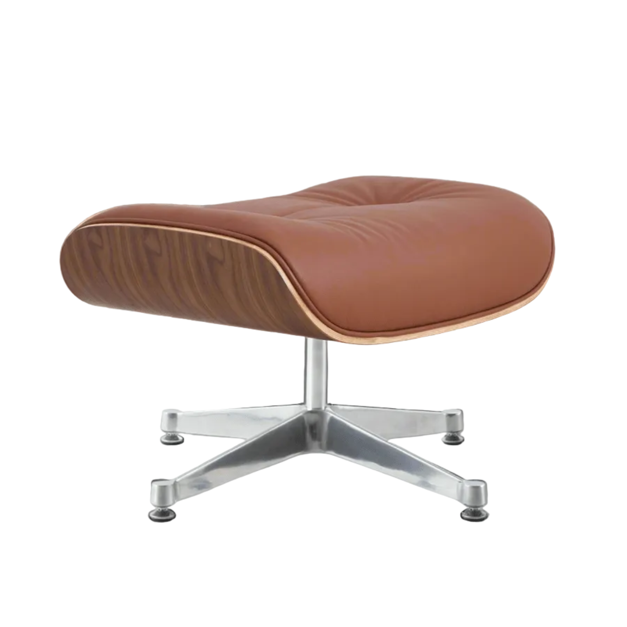 Brown leather ottoman with a metal base on a white background