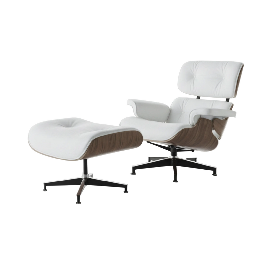 White lounge chair with wooden accents on a white background